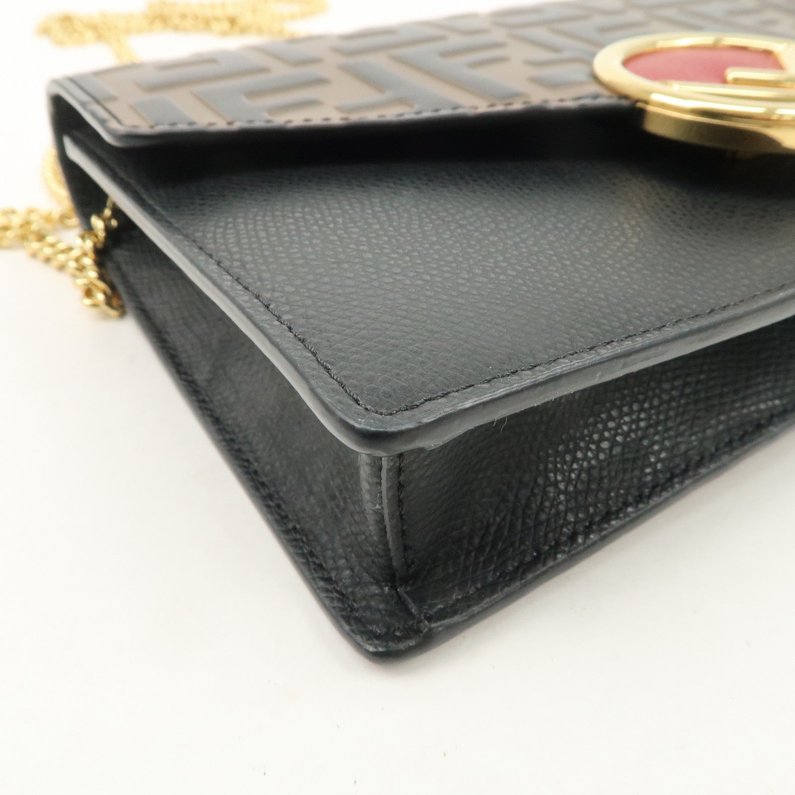 FENDI F is FENDI Leather Chain Shoulder Bag Black Brown 8BS006 Used