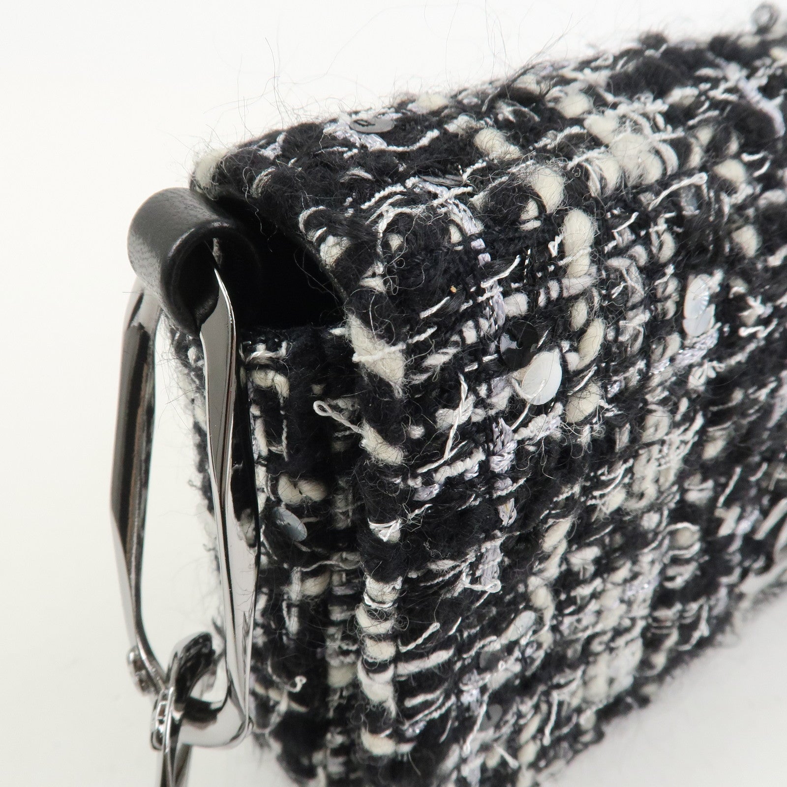 CHANEL Tweed Chain Shoulder Bag Hand Bag Black White 8645695