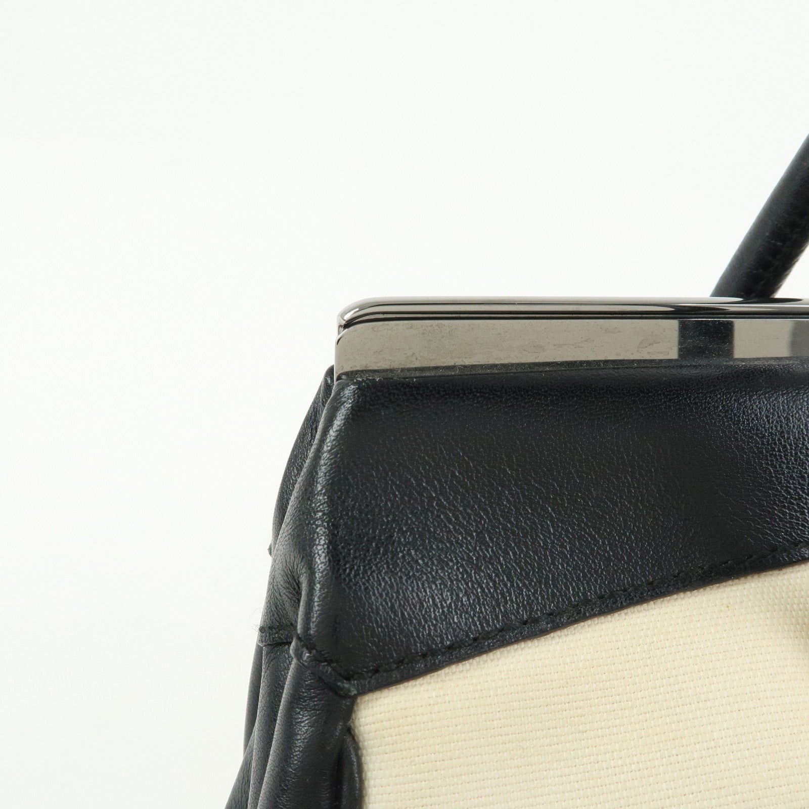 GUCCI Canvas Leather Hand Bag Ivory Black 92726