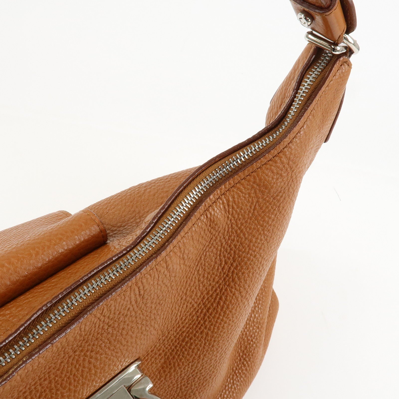 Ferragamo Gancini Leather Shoulder Bag Brown Silver Hardware Used