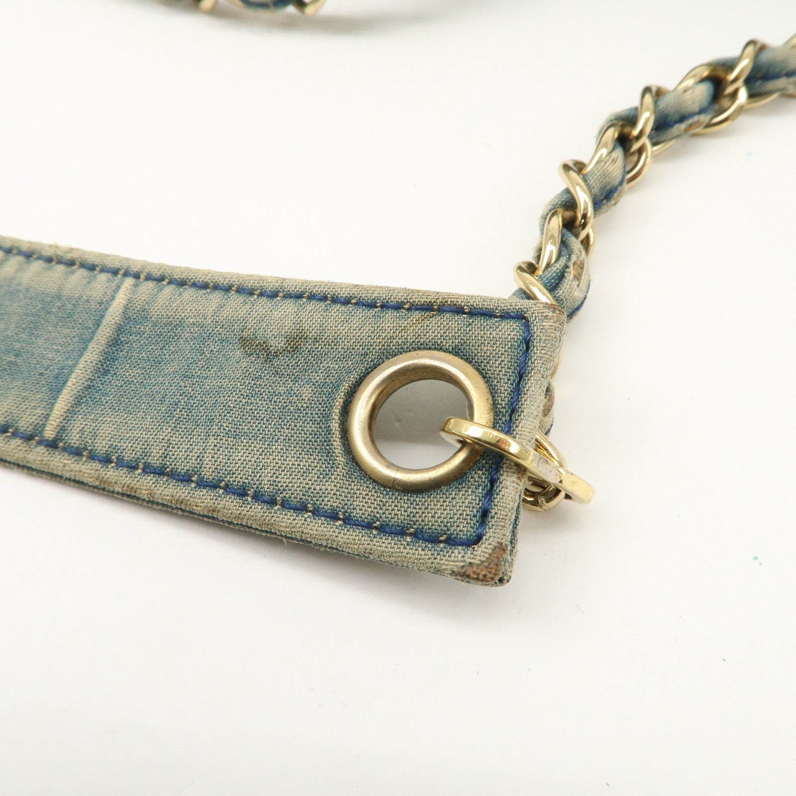 CHANEL COCO Mark Wide Stitch Chocolate Bar Chain Shoulder Bag Blue Gold Used