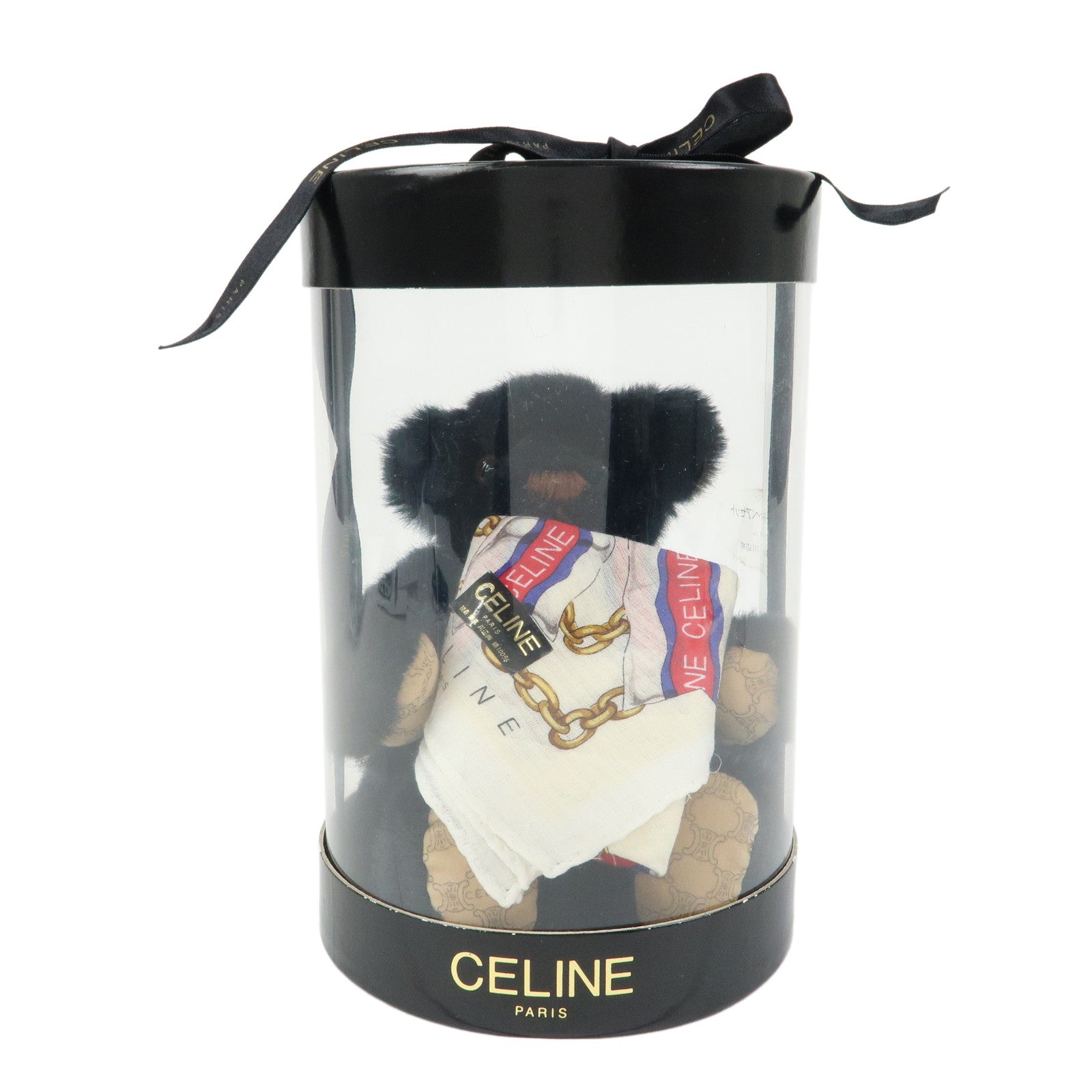 CELINE Set of 2 Acrylic Teddy Bear Silk Handkerchief Black Ivory
