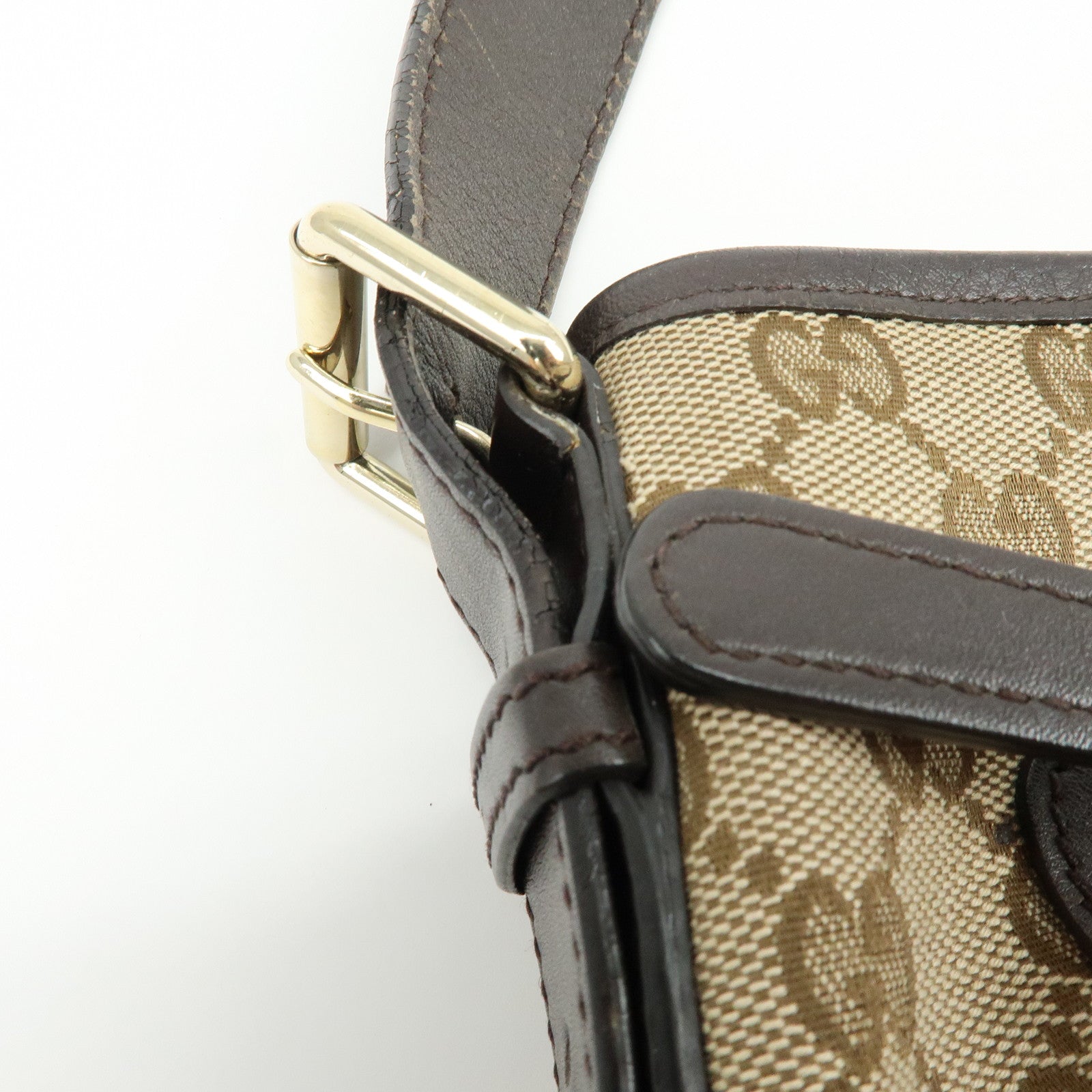 GUCCI GG Canvas Leather Shoulder Bag Beige Dark Brown 388930