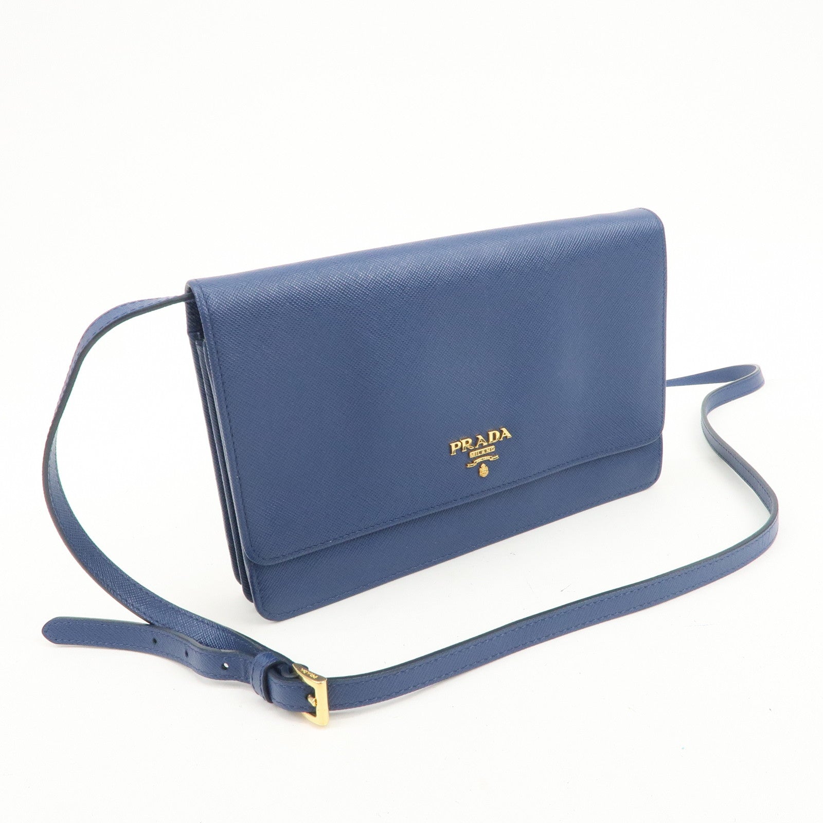 PRADA Logo Saffiano Leather Shoulder Bag Crossbody Bag Blue 1M1361