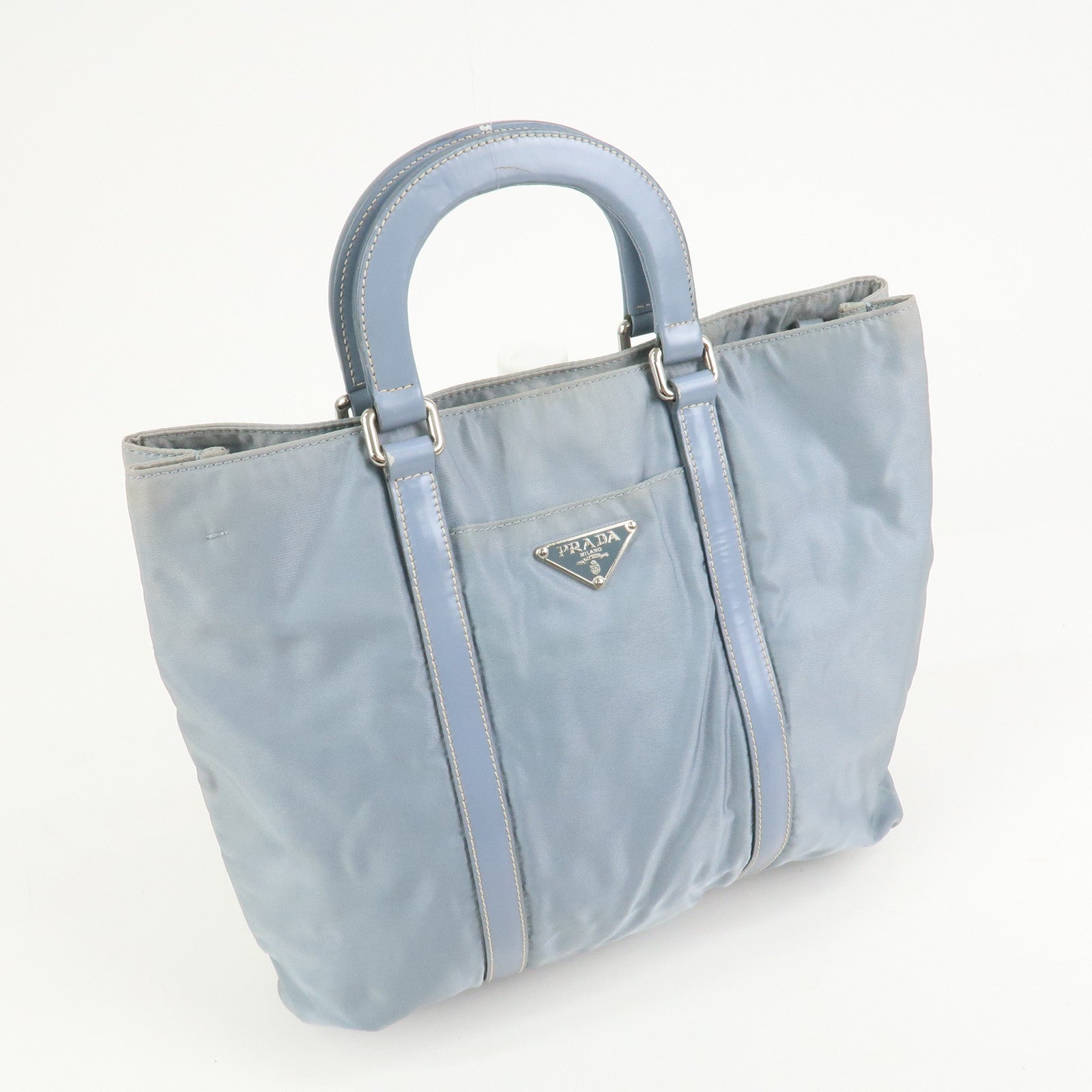 PRADA Triangle Logo Nylon Leather Hand Bag Light Blue