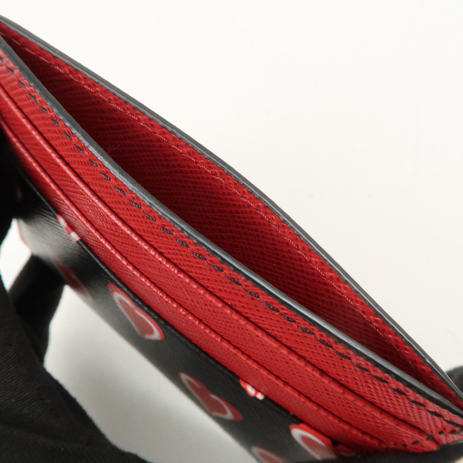 PRADA Triangle Logo Saffiano Leather Card Case Black Red 1MC025