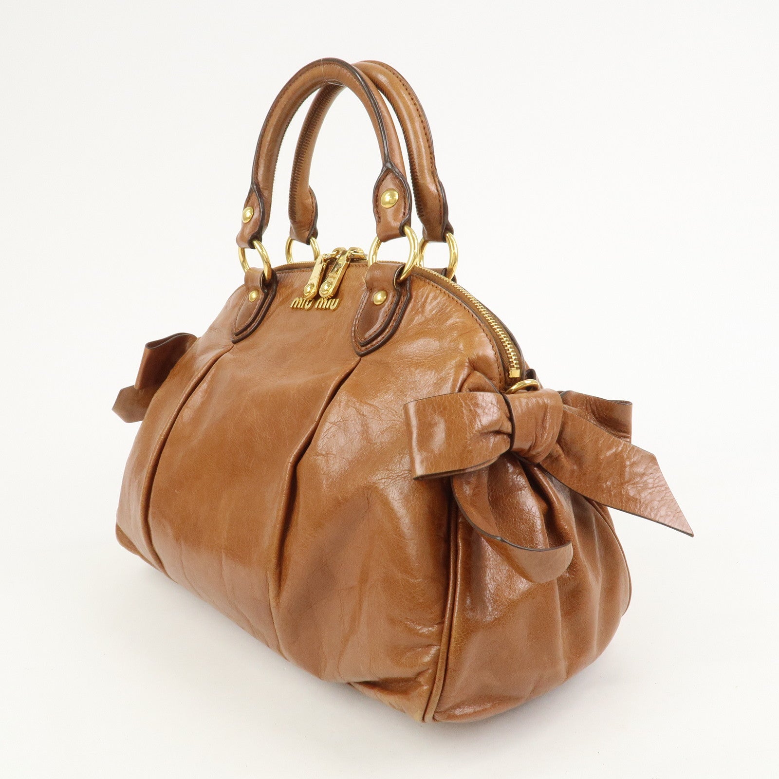 MIU MIU Side Ribbon Leather 2Way Bag Hand Bag Shoulder Bag Brown