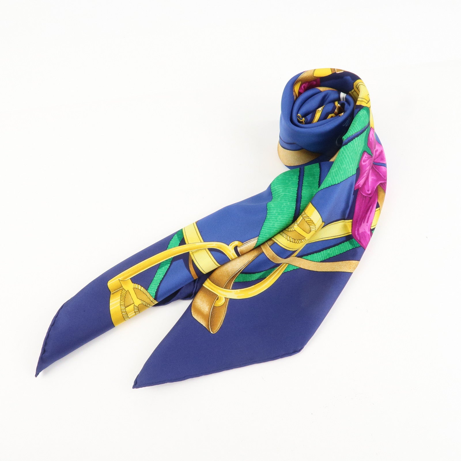 HERMES Carre 90 Silk 100% Blue Yellow Green Used