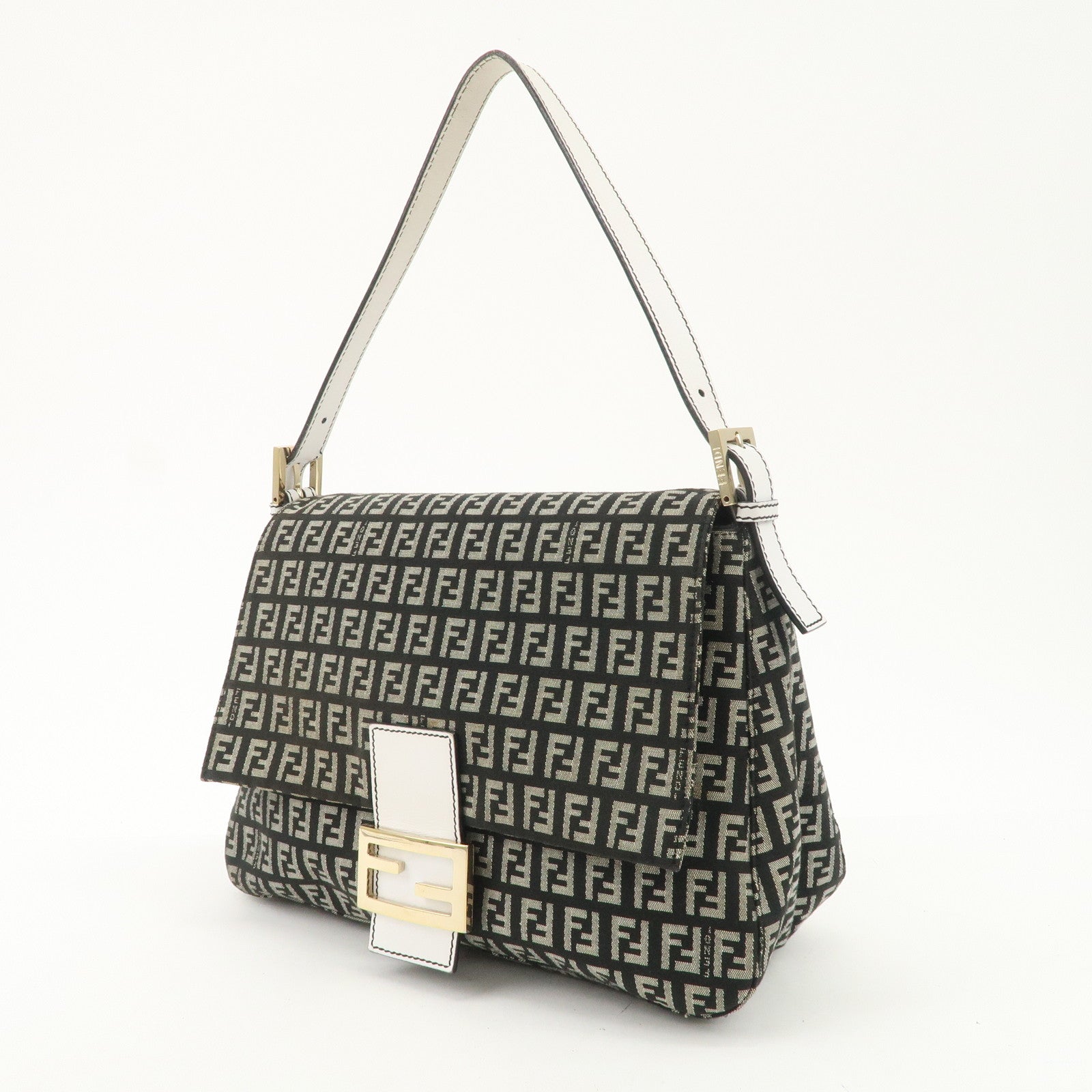 FENDI Mamma Baguette Zucchino Leather Canvas Shoulder Bag 8BR001 Used