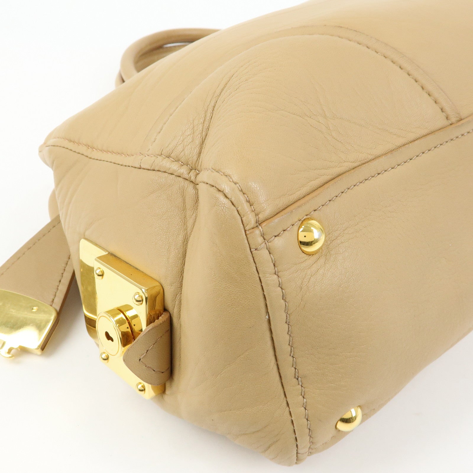 MIU MIU Logo Leather Hand Bag Boston Bag Beige