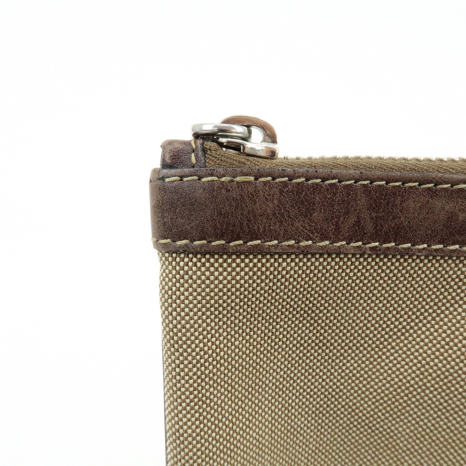 PRADA Logo Jacquard Canvas Leather Clutch Bag Pouch Khaki