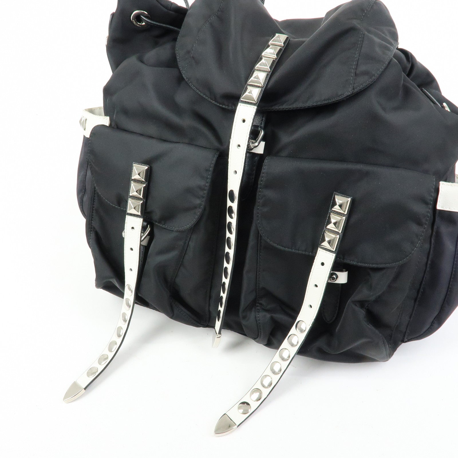 PRADA Triangle Logo Nylon Studs Backpack Rucksack Black 1BZ811