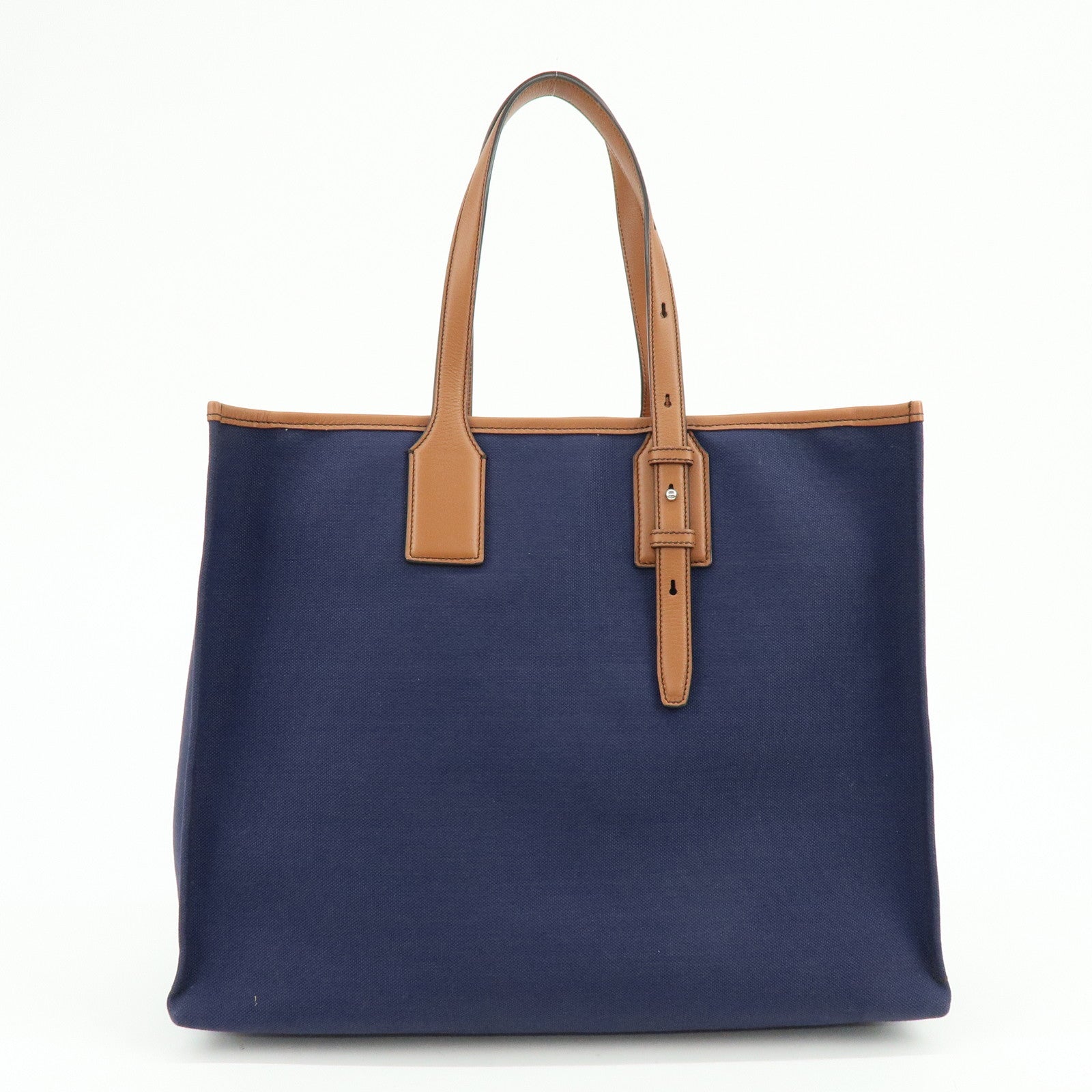 Ferragamo 1927 Signature Canvas Leather Tote Bag Navy Brown