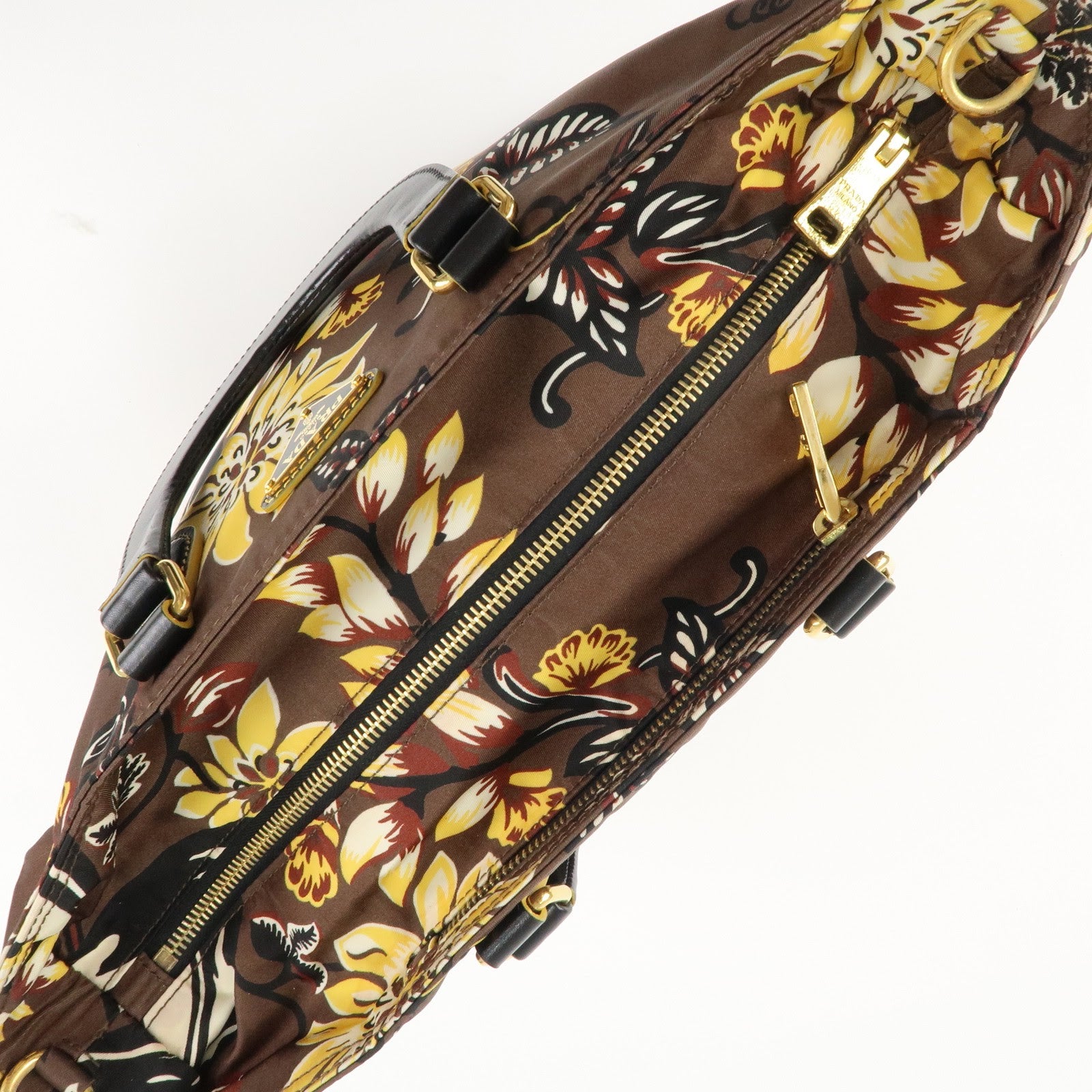 PRADA Triangle Logo Nylon Leather 2Way Bag Shoulder Bag Hand Bag Floral Print Brown Yellow BN2741 Used
