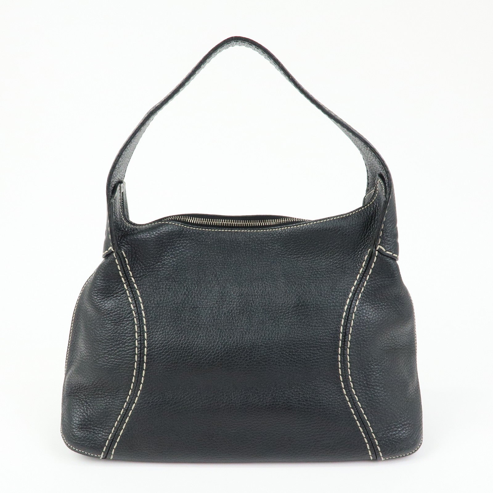 TOD'S Logo Stitches Leather Shoulder Bag Hand Bag Black