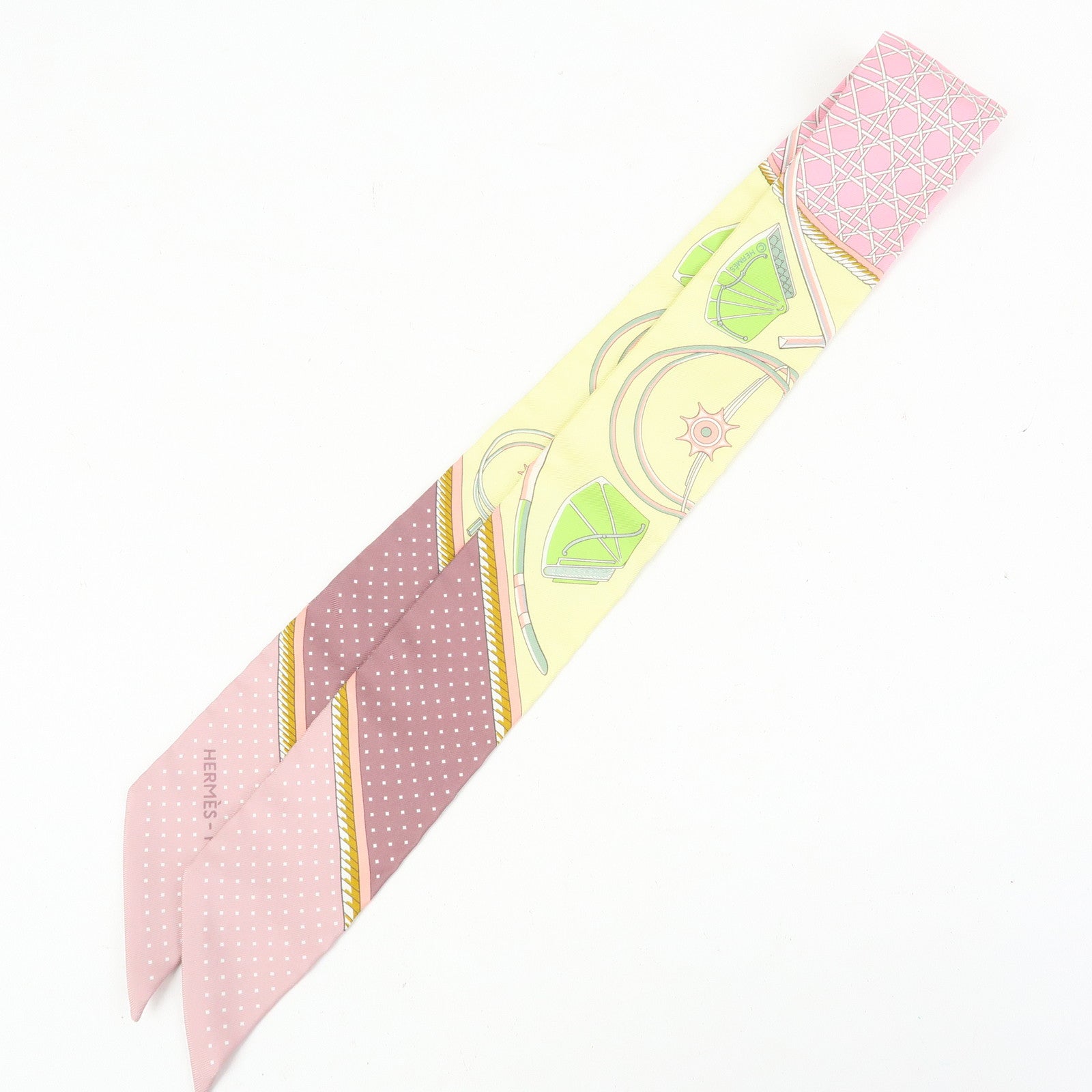 HERMES Silk 100% Twilly Les Voitures a Transformation Yellow Pink