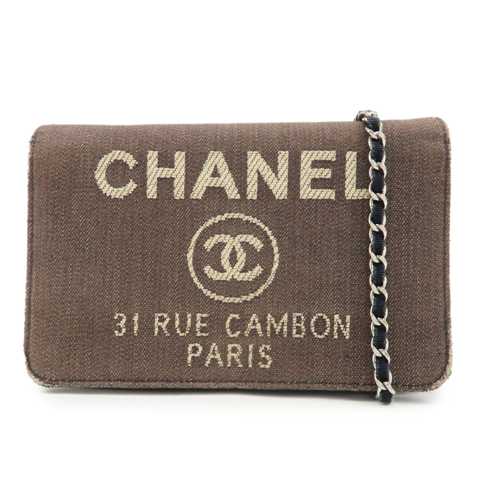 CHANEL Deauville Denim Chain Wallet Navy Brown Silver HDW A80795 Used