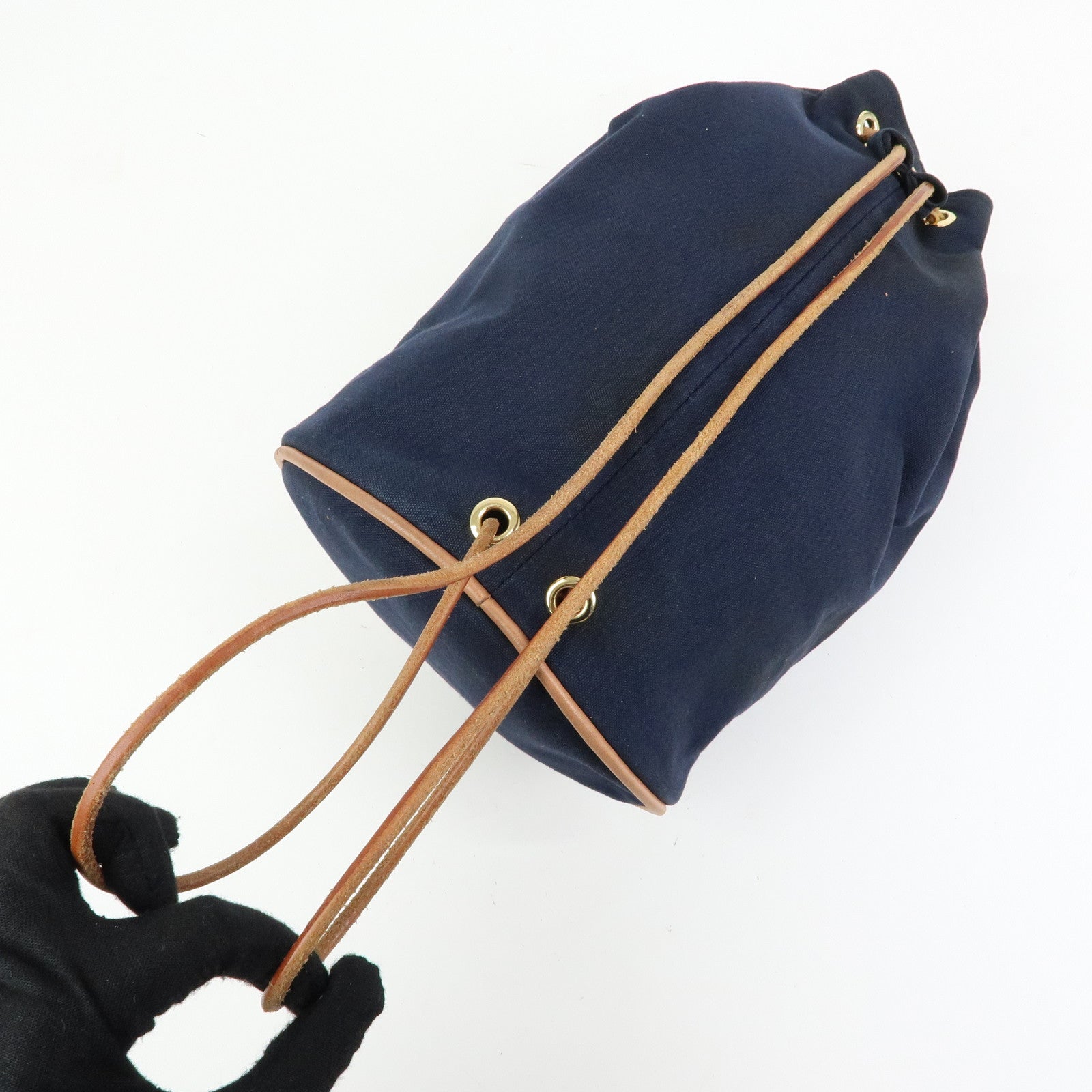 HERMES Canvas Leather Porochon Mimil PM Drawstring Backpack Navy