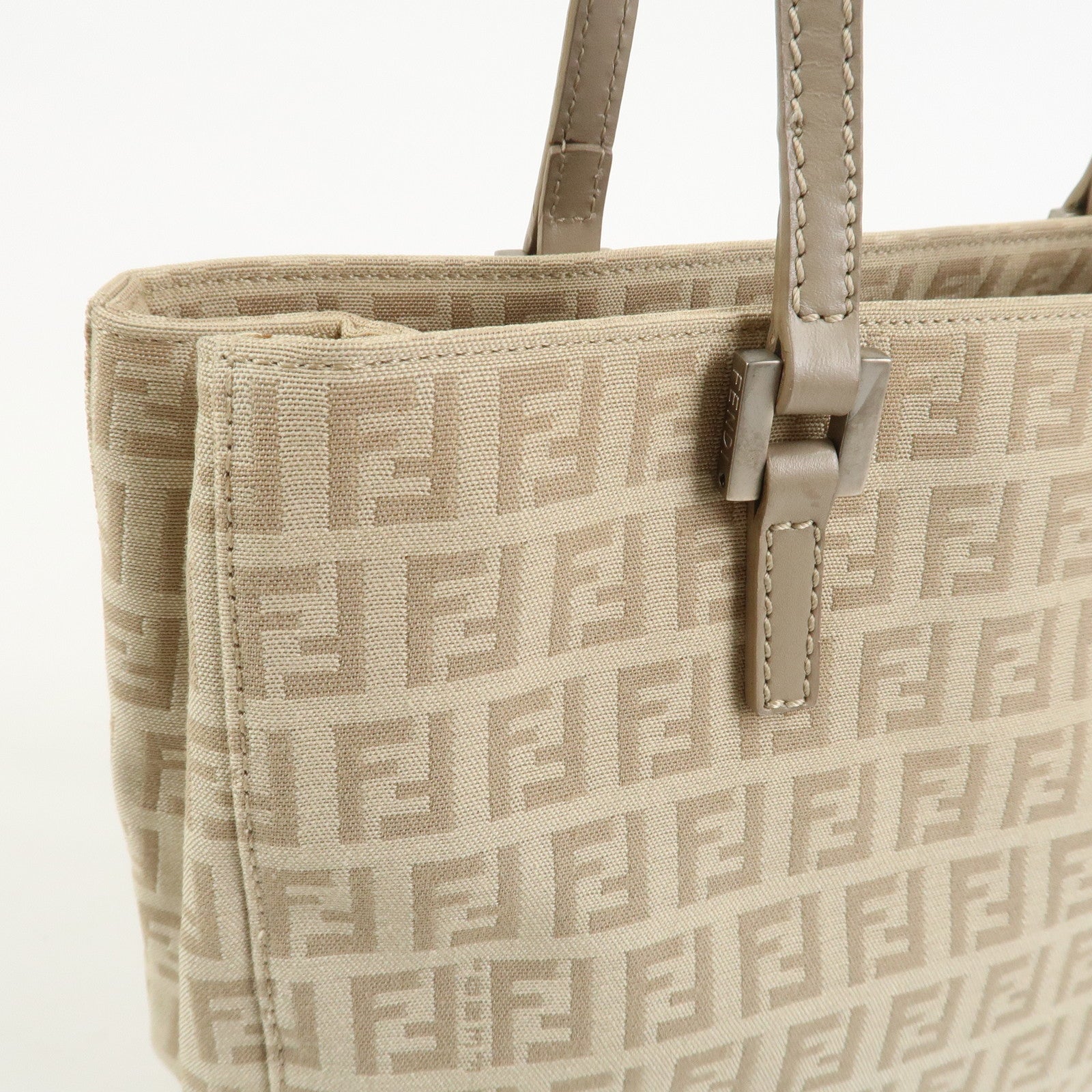 FENDI Zucchino Canvas Leather Tote Bag Hand Bag Beige 8BH072