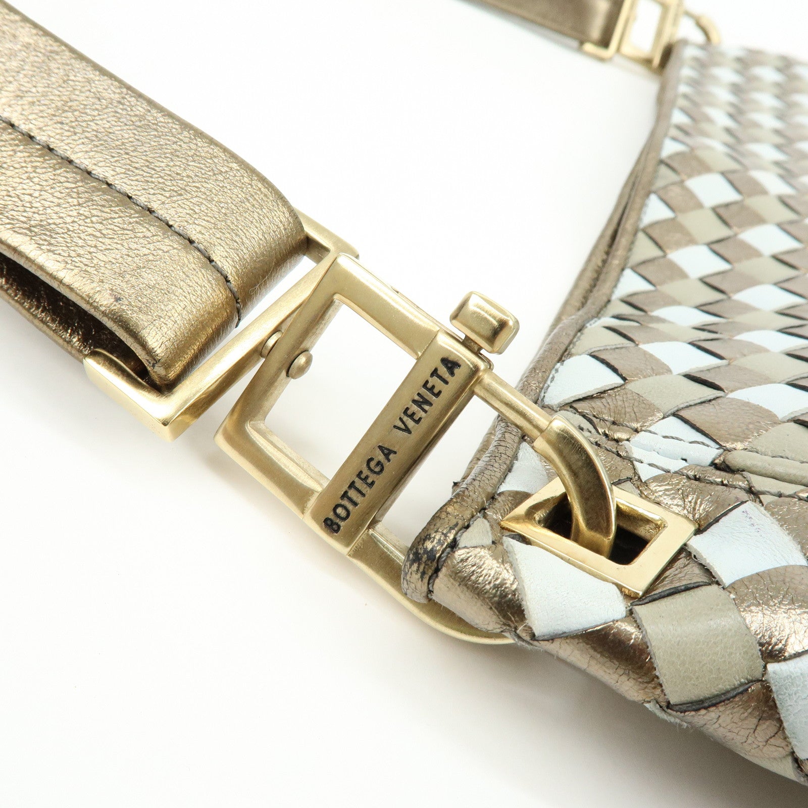 BOTTEGA VENETA Intrecciato Leather Shoulder Bag Gold Blue 101001