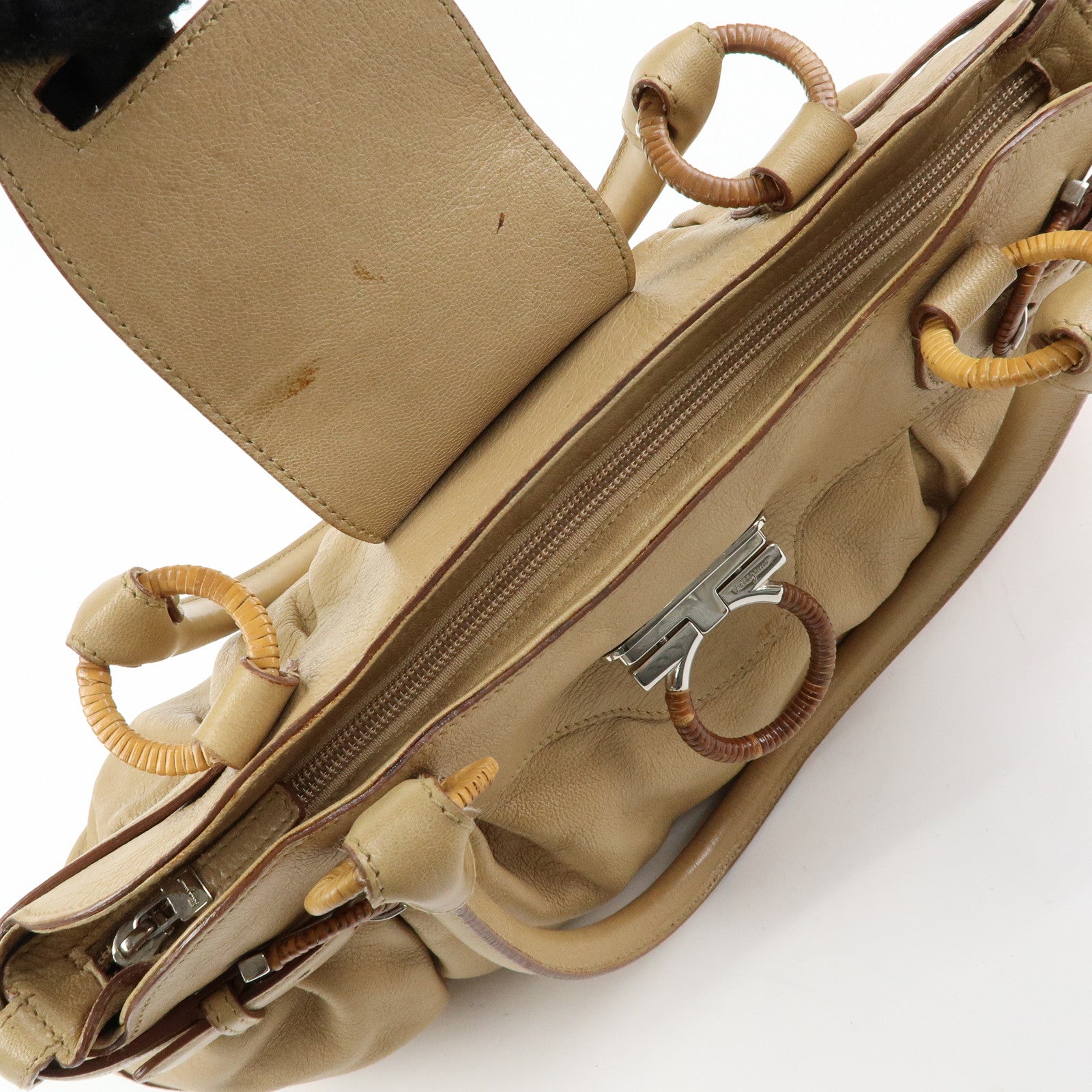 Ferragamo Gancini Leather Rattan Shoulder Bag Light Brown