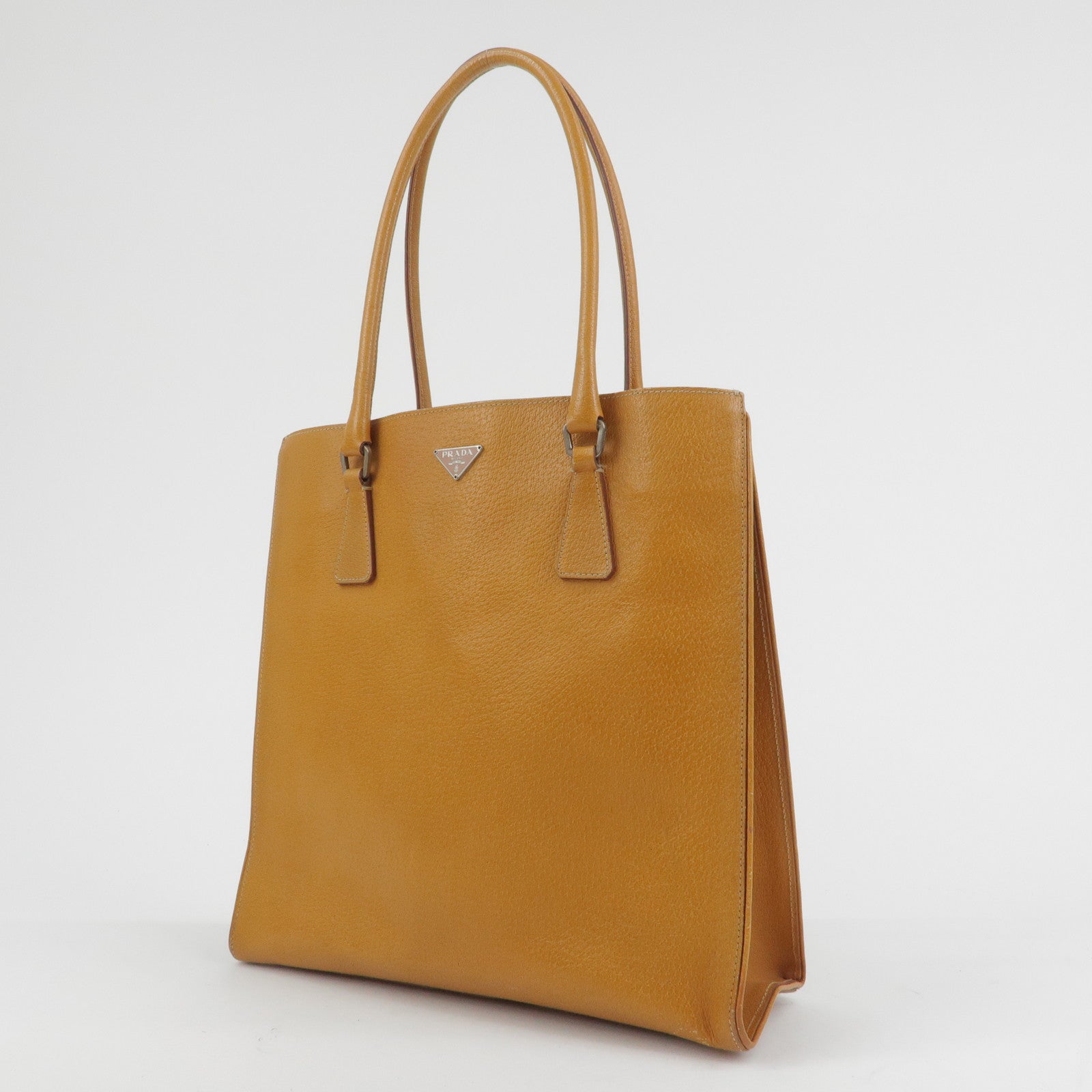PRADA Triangle Logo Leather Tote Bag Shoulder Bag Light Brown