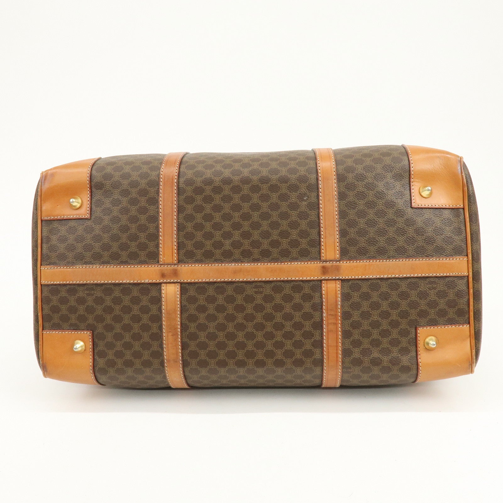 CELINE Macadam PVC Coated Canvas Leather Boston Bag Hand Bag Brown