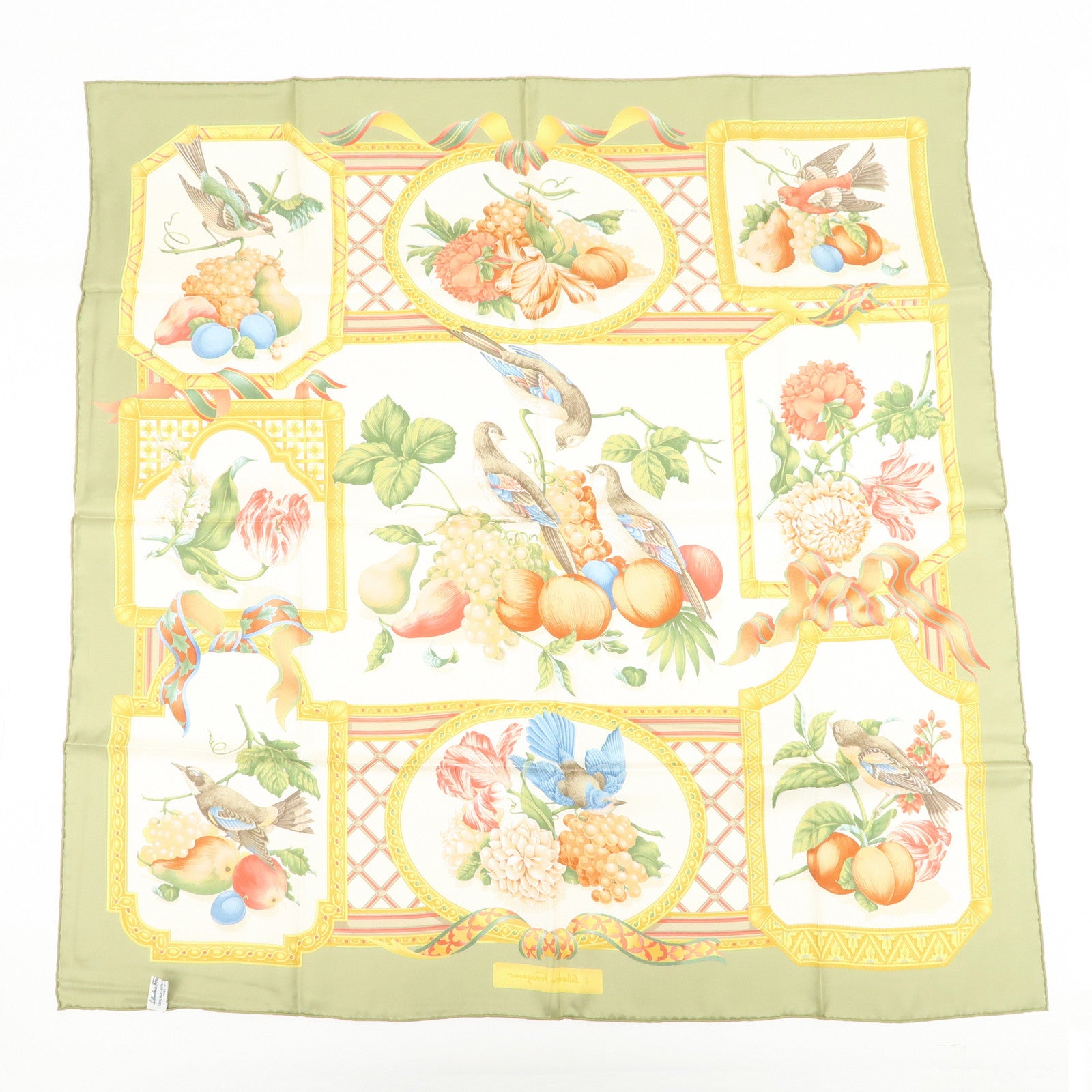 Ferragamo Flower Fruit Motif Silk 100% Scarf Ivory Green Orange