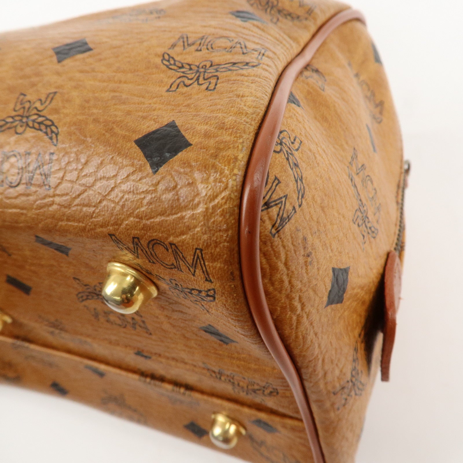 MCM Visetos Leather Boston Bag Hand Bag Brown Gold Hardware Used