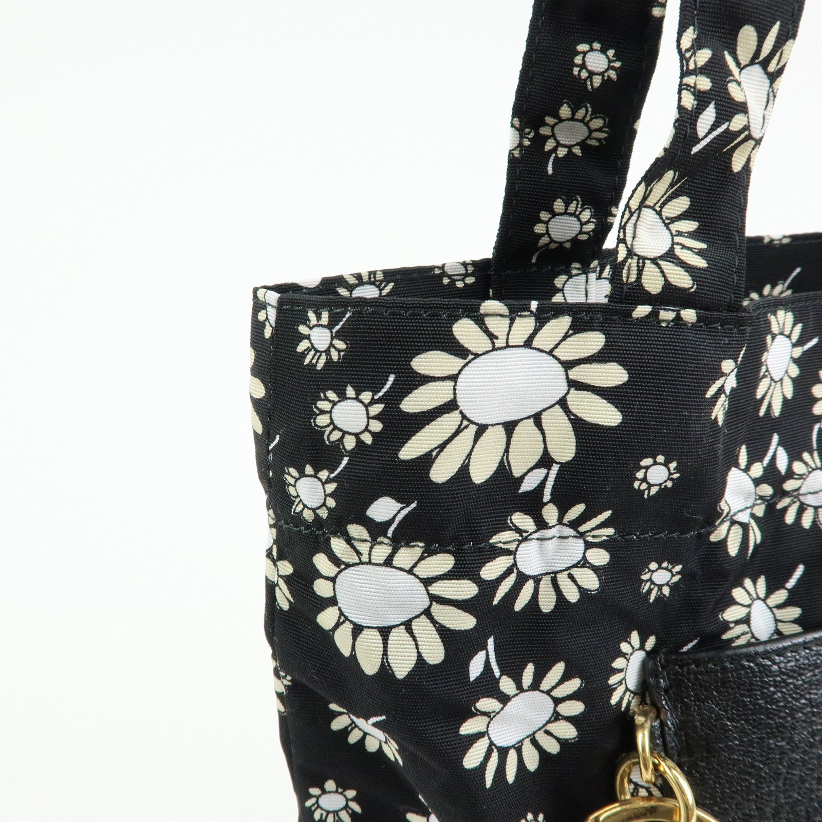 MIU MIU Nylon Leather Tote Bag Eco Bag Hand Bag Flower Print Black