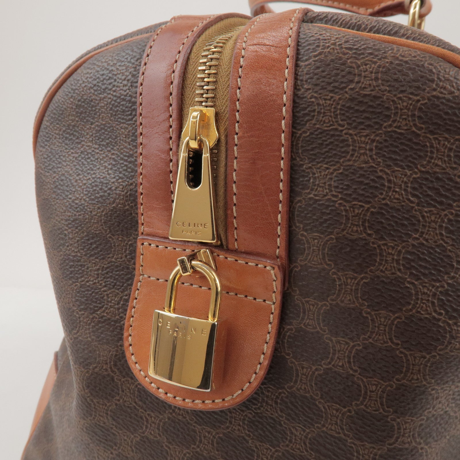 CELINE Macadam PVC Leather 2Way Boston Bag Hand Shoulder Bag Brown