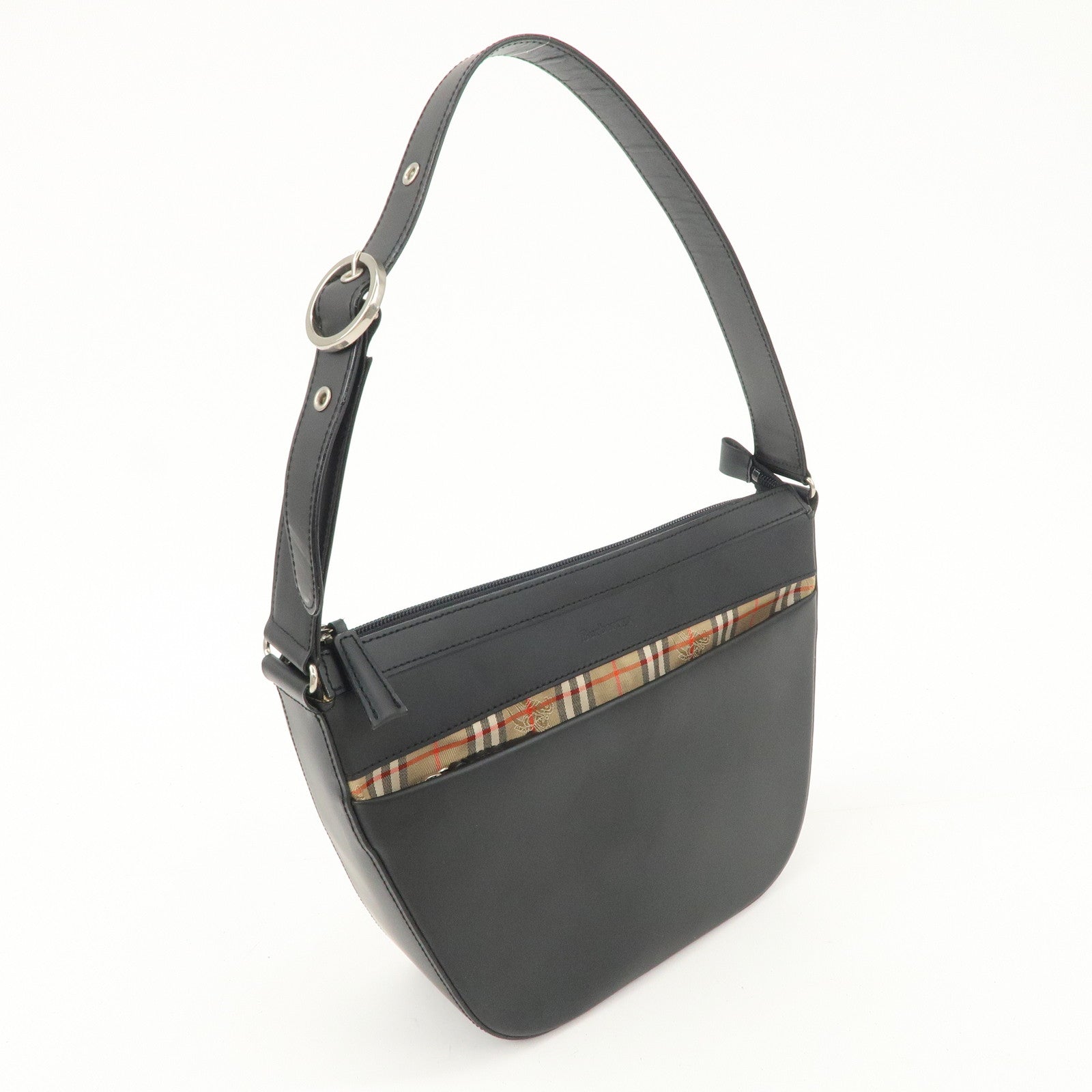 BURBERRY Logo Leather Shoulder Bag Hand Bag Nova Plaid Black Used