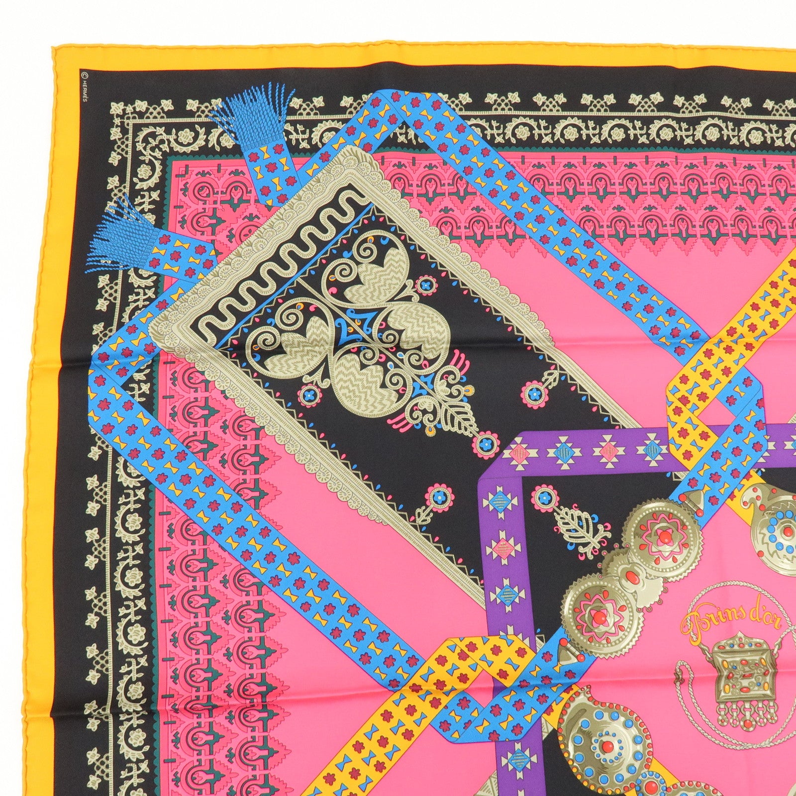 HERMES Carre 90 Silk 100% Scarf Brins d'or Pink Black Multi Color