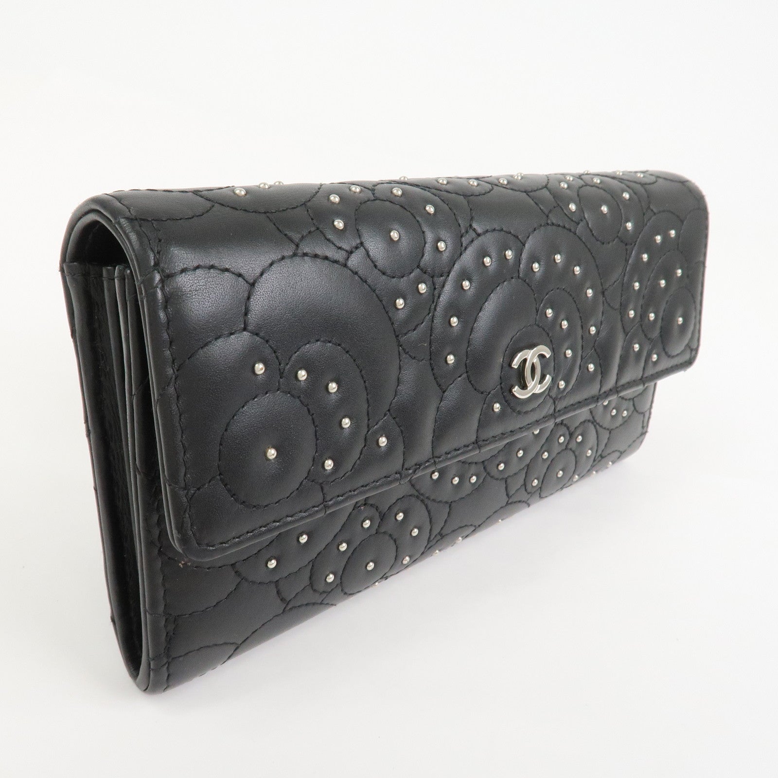 CHANEL Camellia Leather Long Wallet Black Silver Studs A82283