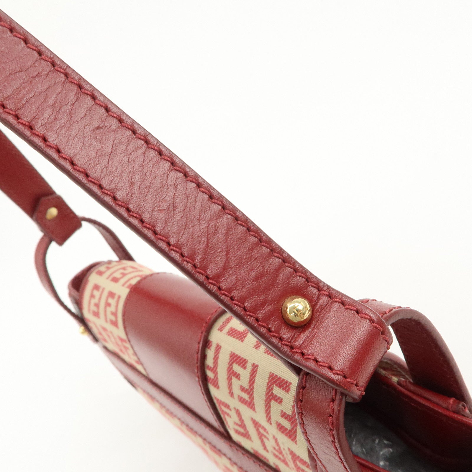 FENDI Zucchino Canvas Leather Turn Lock Shoulder Bag Red 8BR429