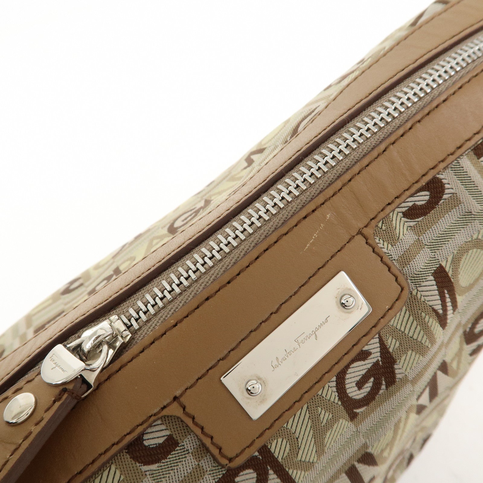 Ferragamo Logo Canvas Leather Hand Bag Shoulder Bag Beige Brown