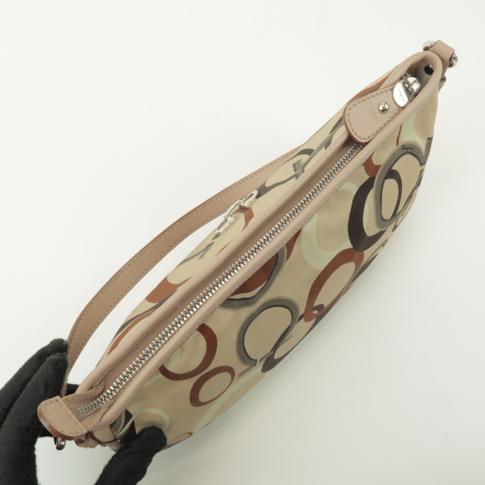 Ferragamo Gancini Nylon Leather Hand Bag Shoulder Bag Beige Brown
