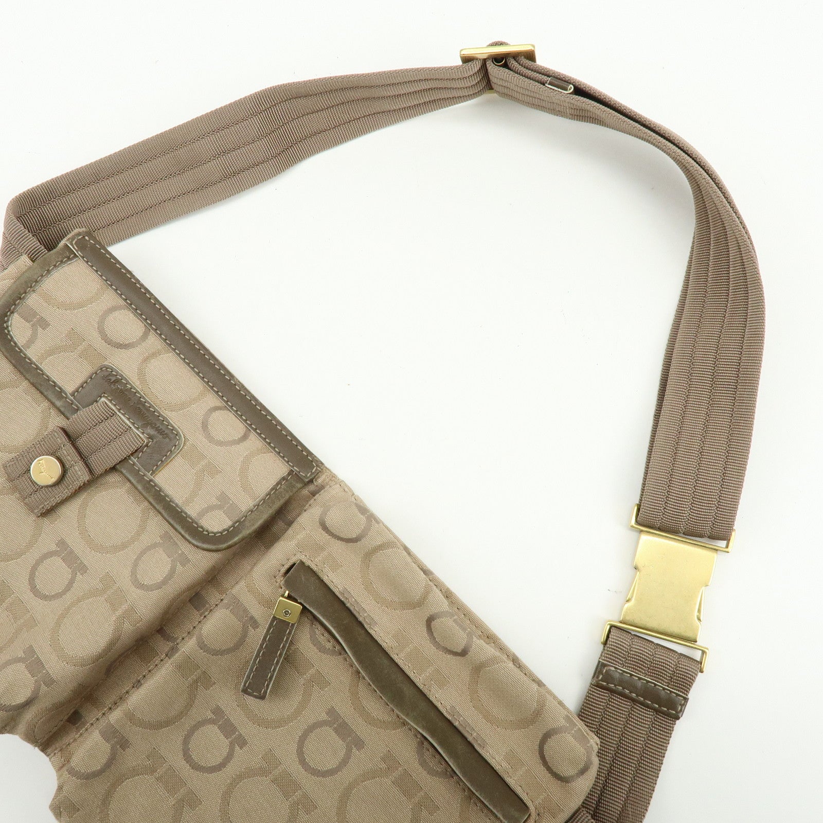 Ferragamo Gancini Canvas Leather Body Bag Waist Bag Beige