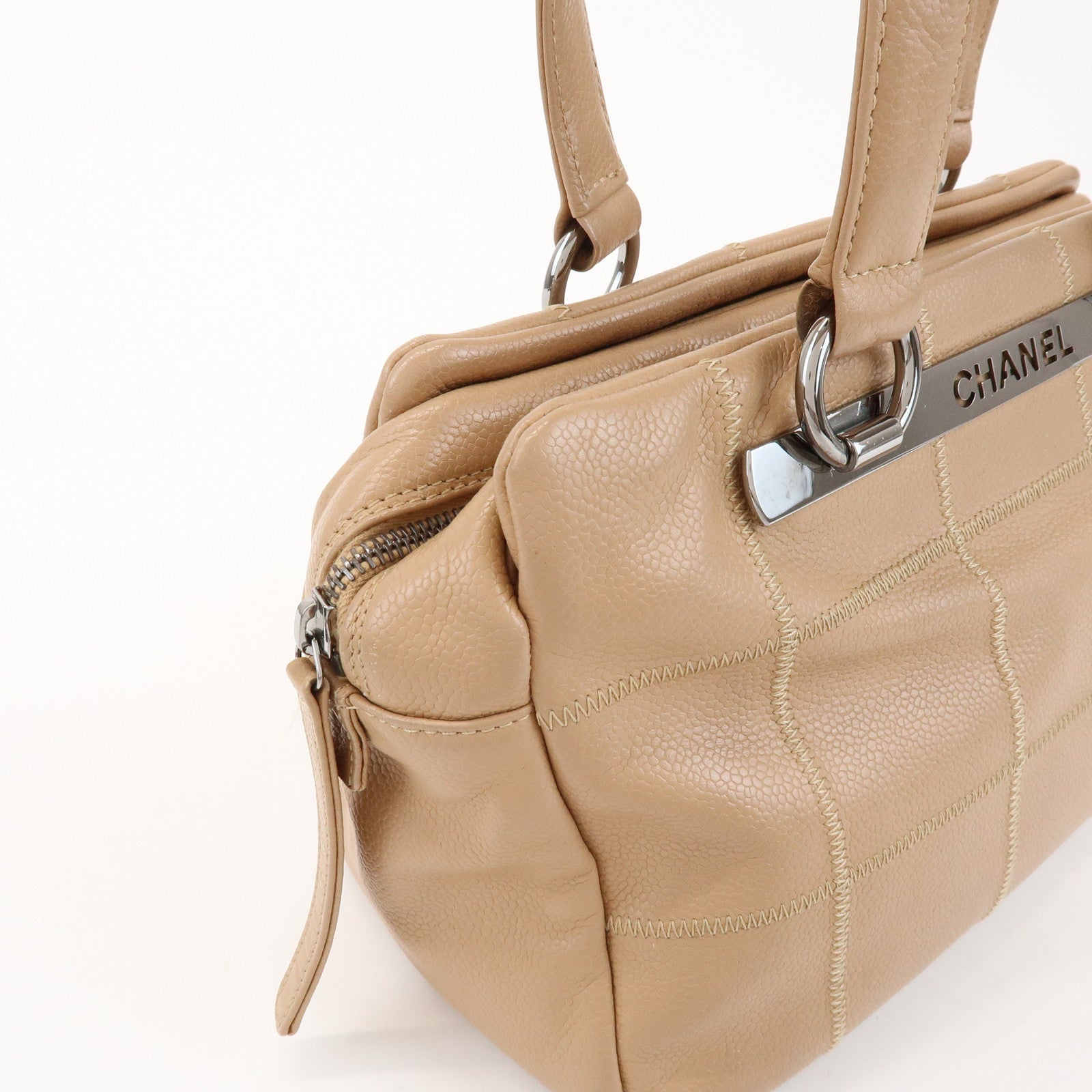 CHANEL Chocolate Bar Caviarskin Boston Bag Shoulder Bag Beige