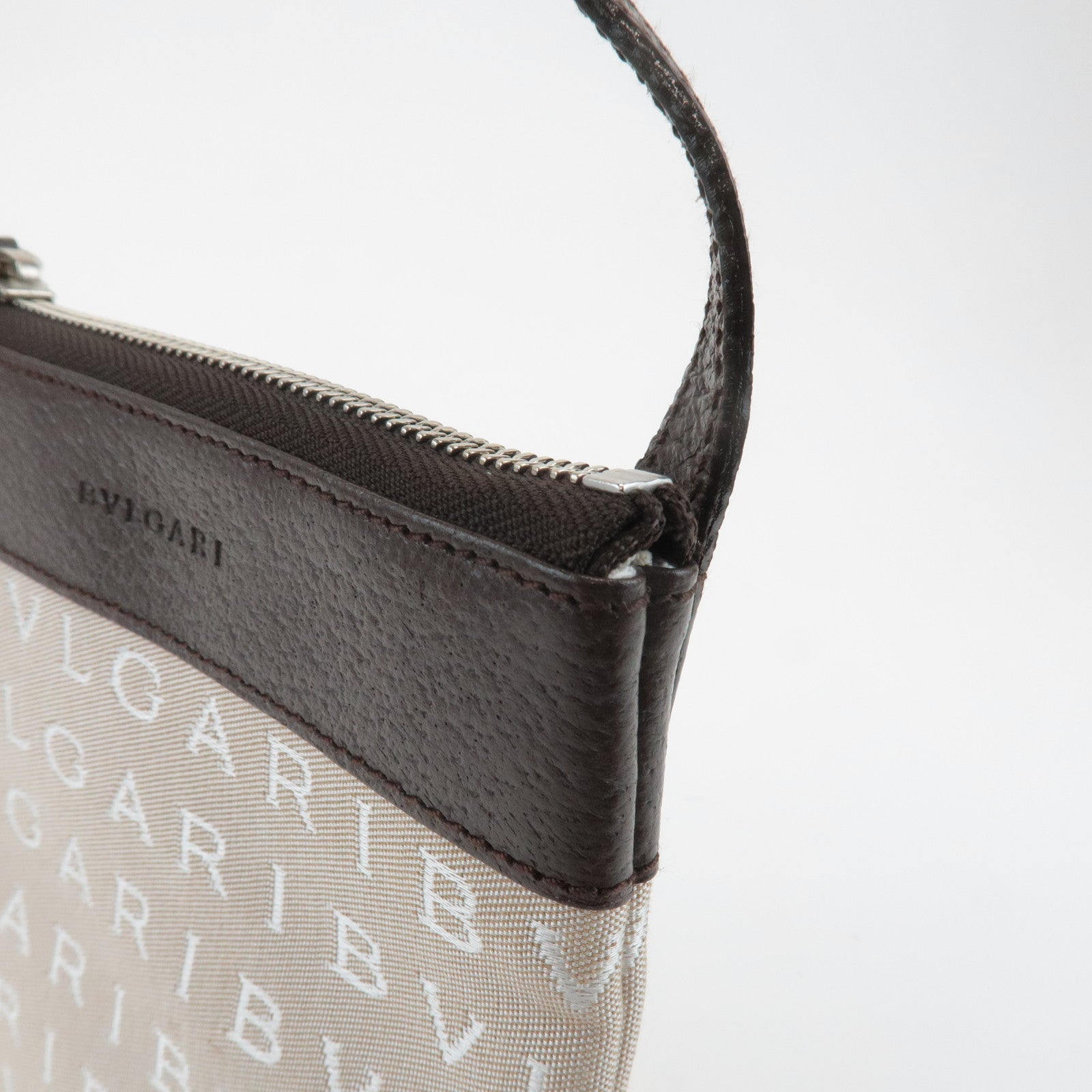 BVLGARI Logo Mania Canvas Leather Shoulder Bag Beige Brown Used