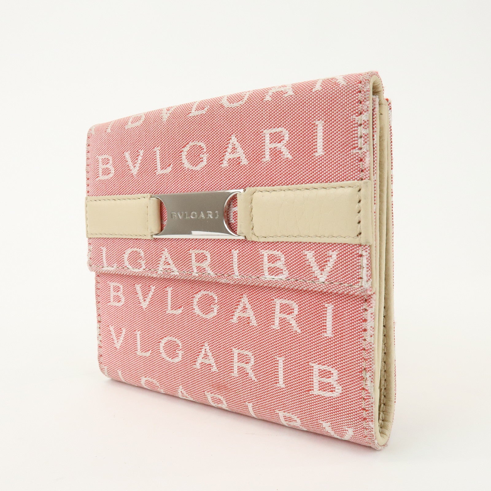 BVLGARI Logo Mania Canvas Leather Compact Wallet Pink Ivory