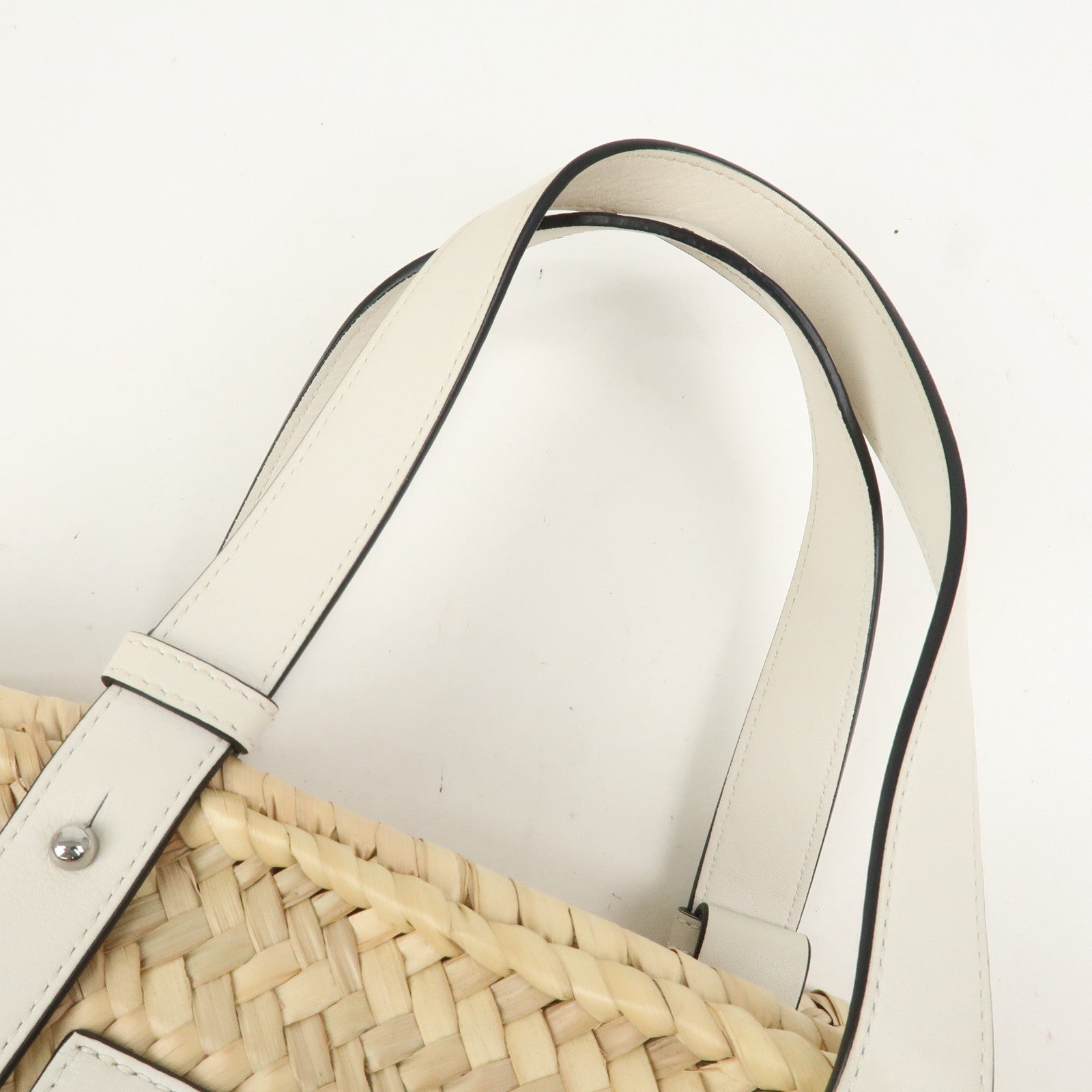 LOEWE Raffia Leather Small Basket Bag Hand Bag Natural White