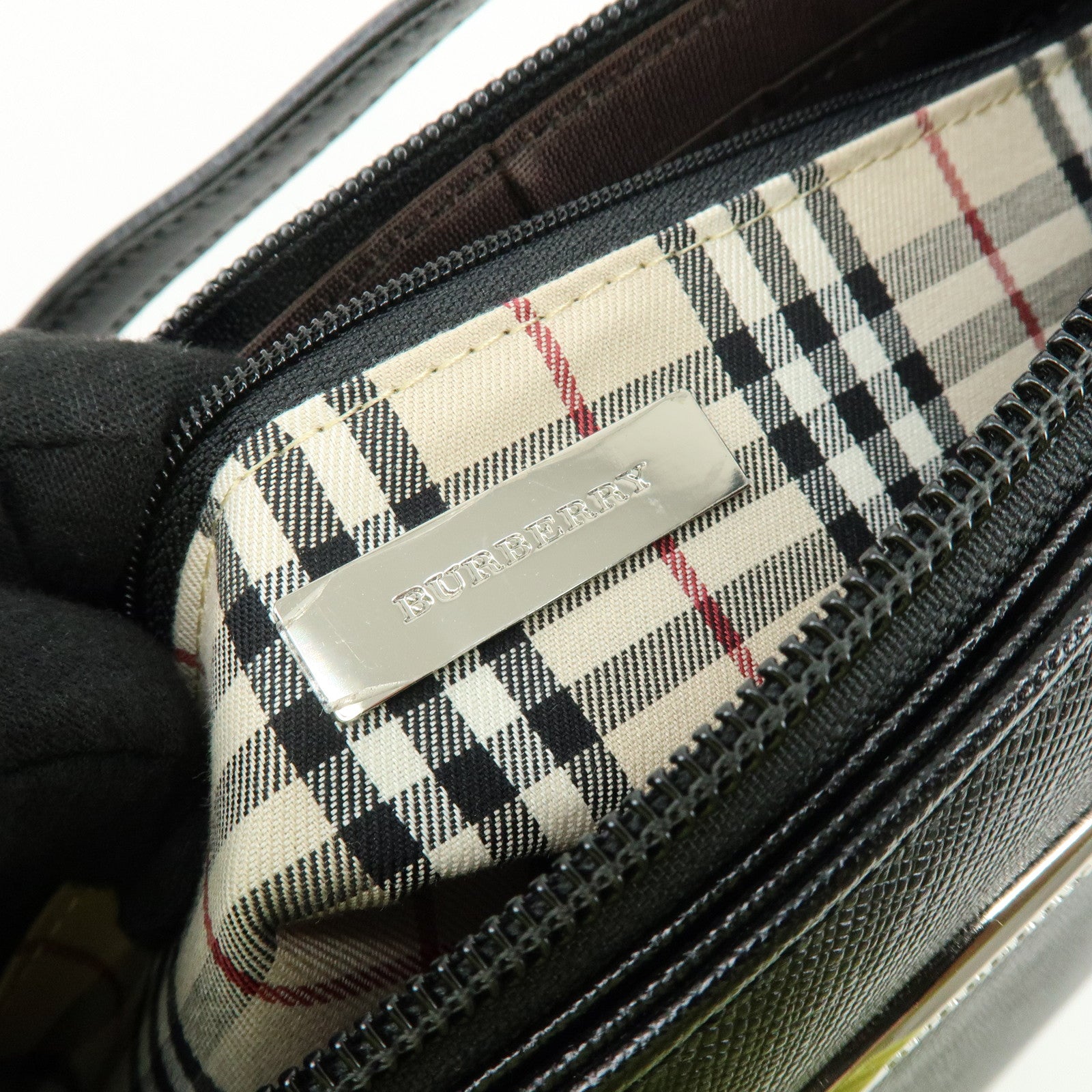 BURBERRY Leather Hand Bag Nova Plaid Black
