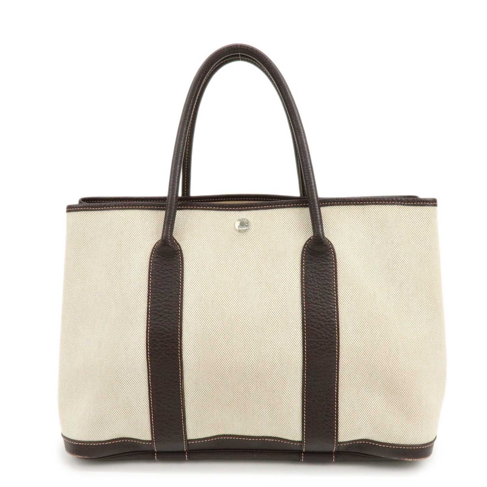 HERMES Garden Party Canvas Leather Tote Bag Beige Brown □H Stamped