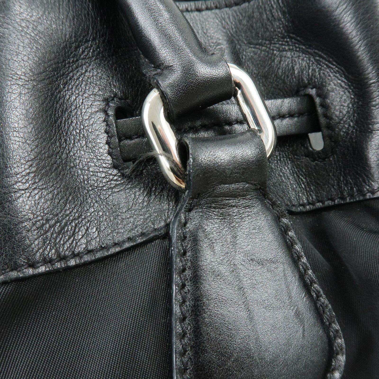 PRADA Triangle Logo Nylon Leather Tote Bag Hand Bag Black BR3616