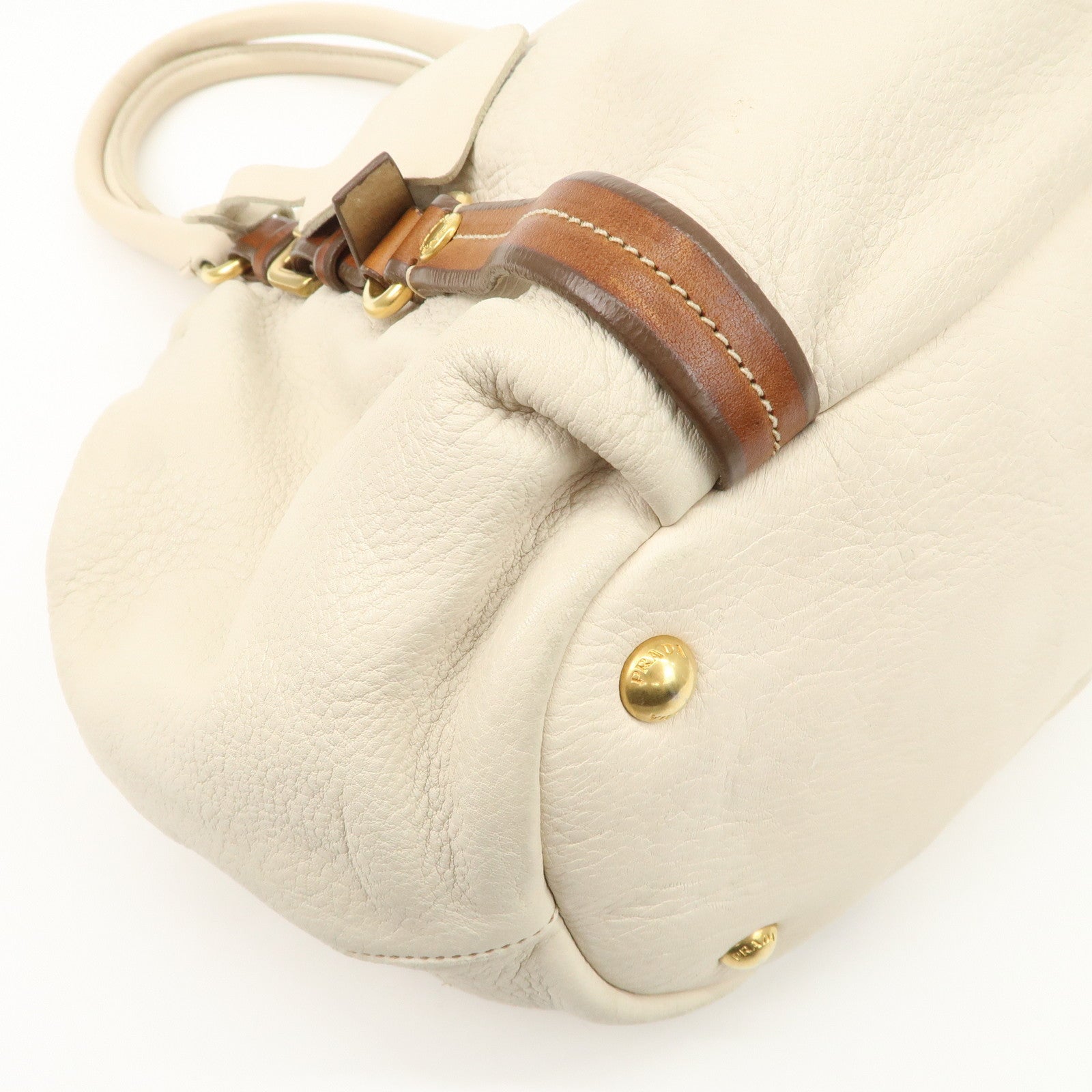 PRADA Leather 2Way Bag Tote Bag Brown White BN1773 Used