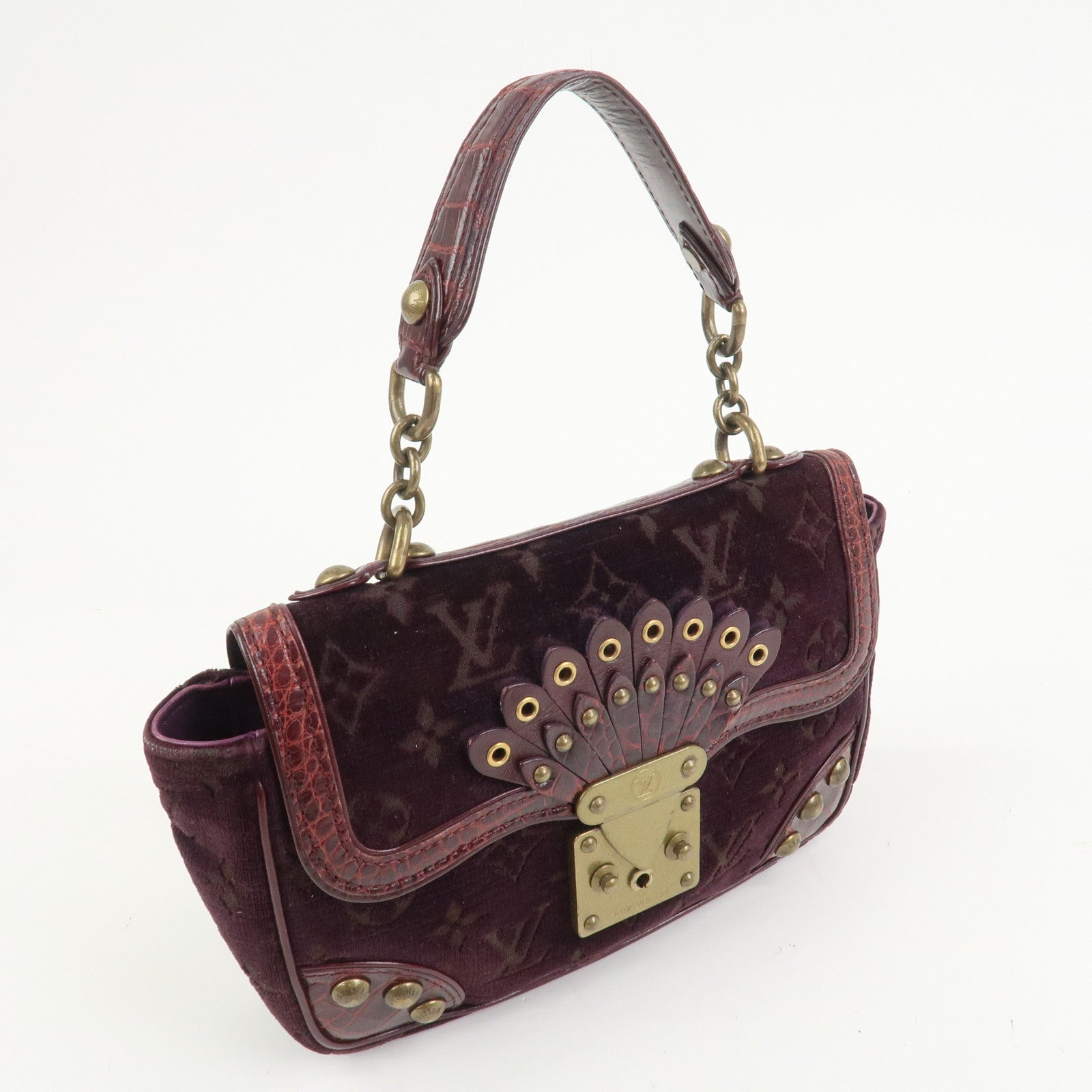 Louis Vuitton Monogram Vleur Velvet Leather Hand Bag Burgundy