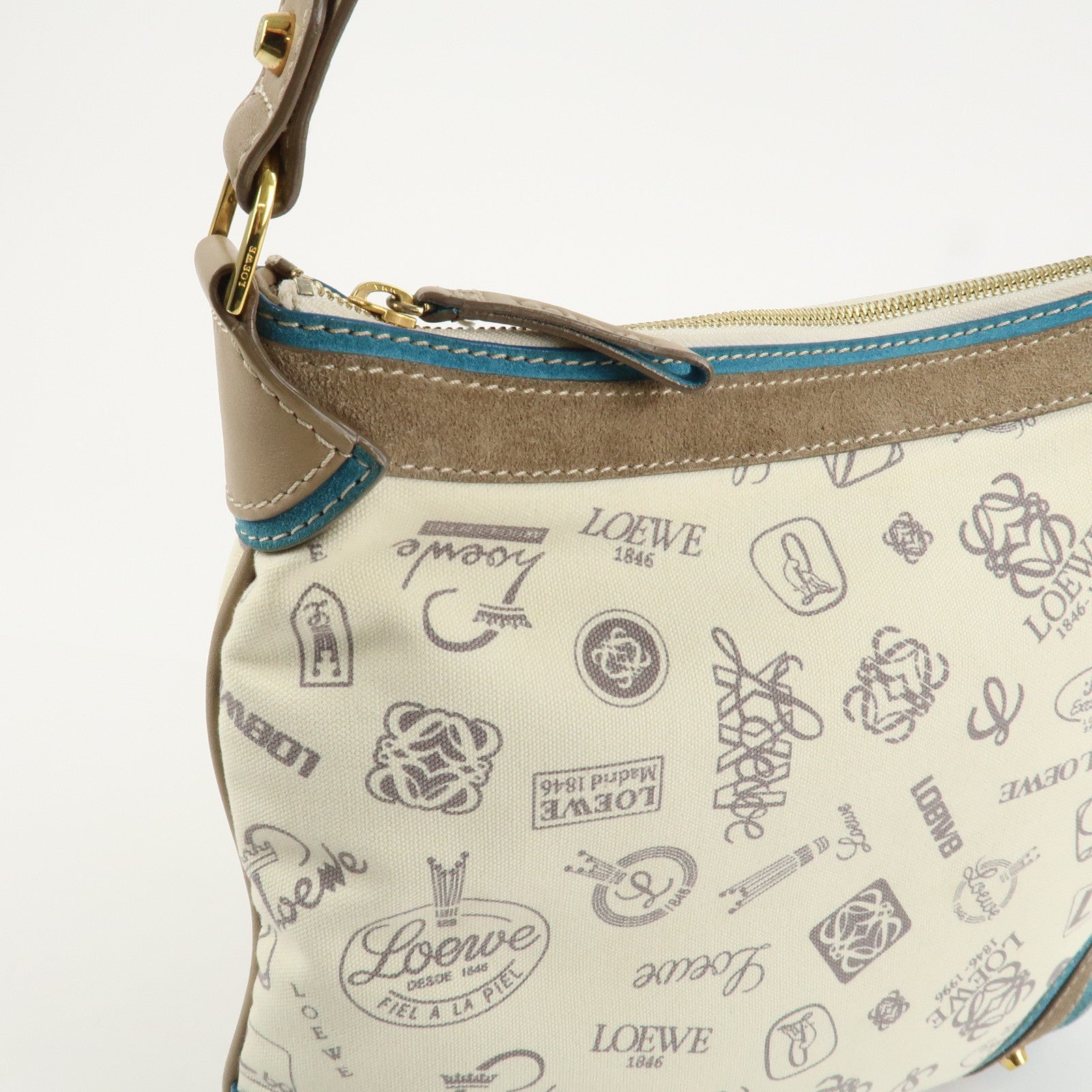 LOEWE Anagram Canvas Suede Leather Shoulder Bag Beige Blue Used