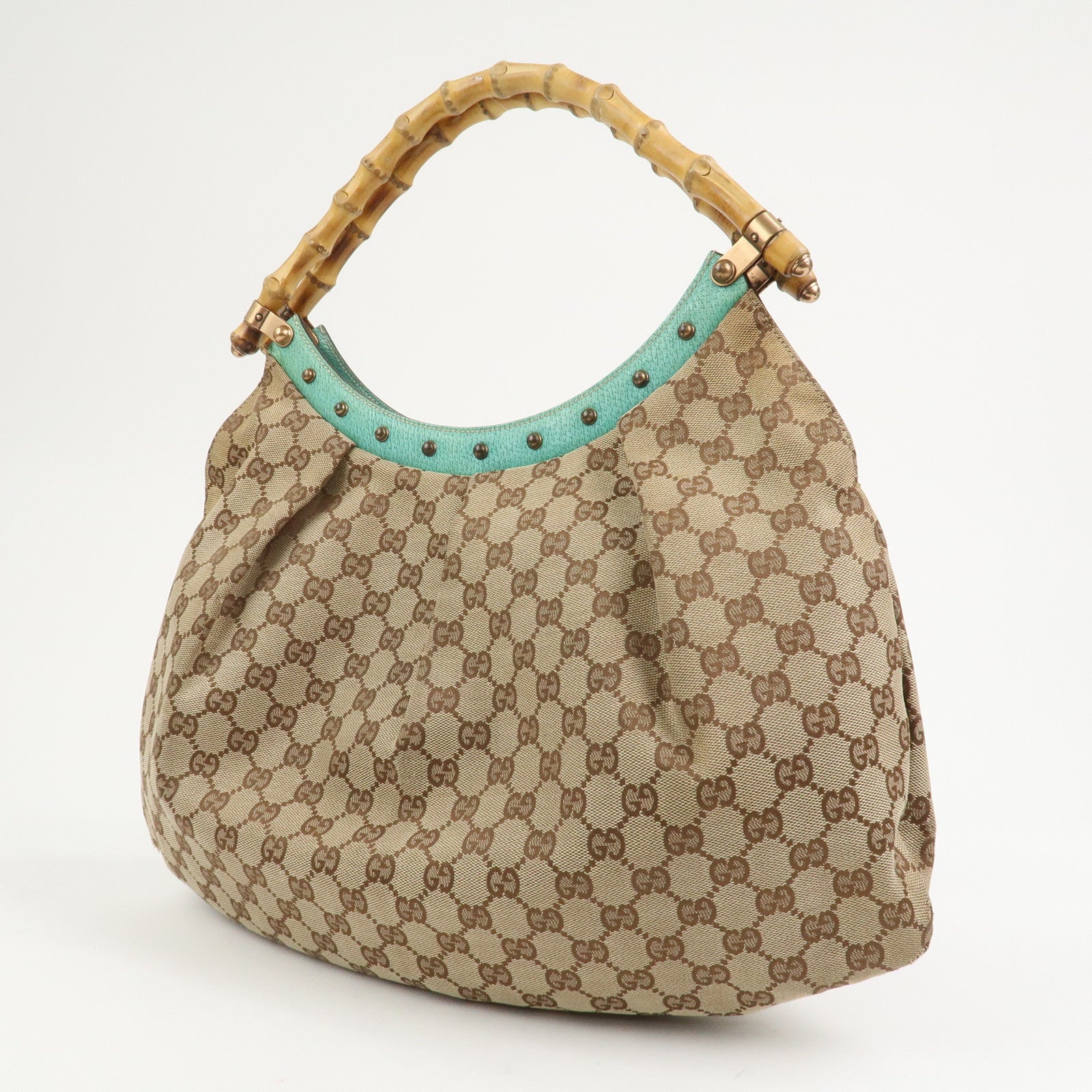 GUCCI Bamboo GG Canvas Leather Shoulder Bag Hand Bag Beige 124293