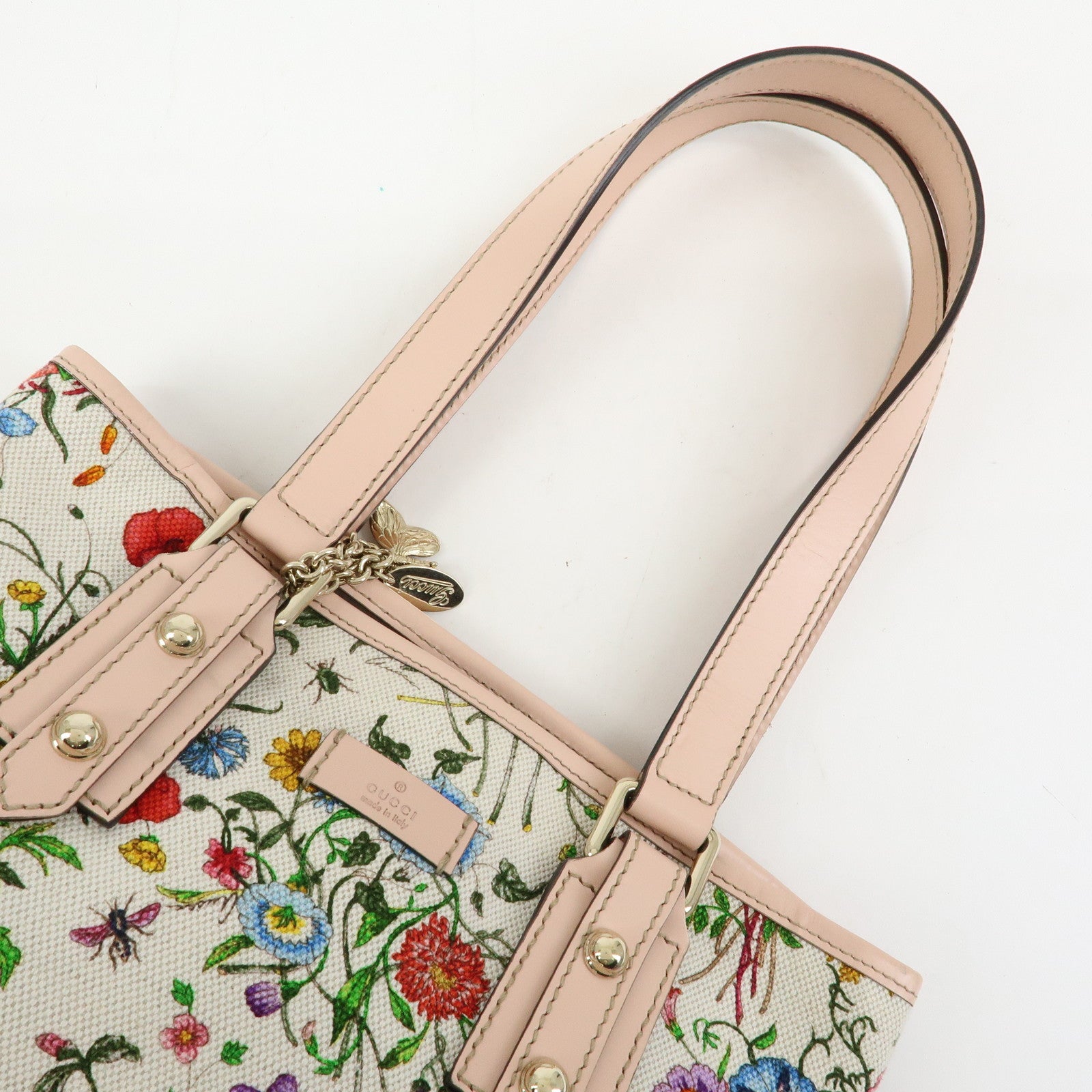 GUCCI Flora Flower Motif Canvas Leather Tote Bag White Pink 240018